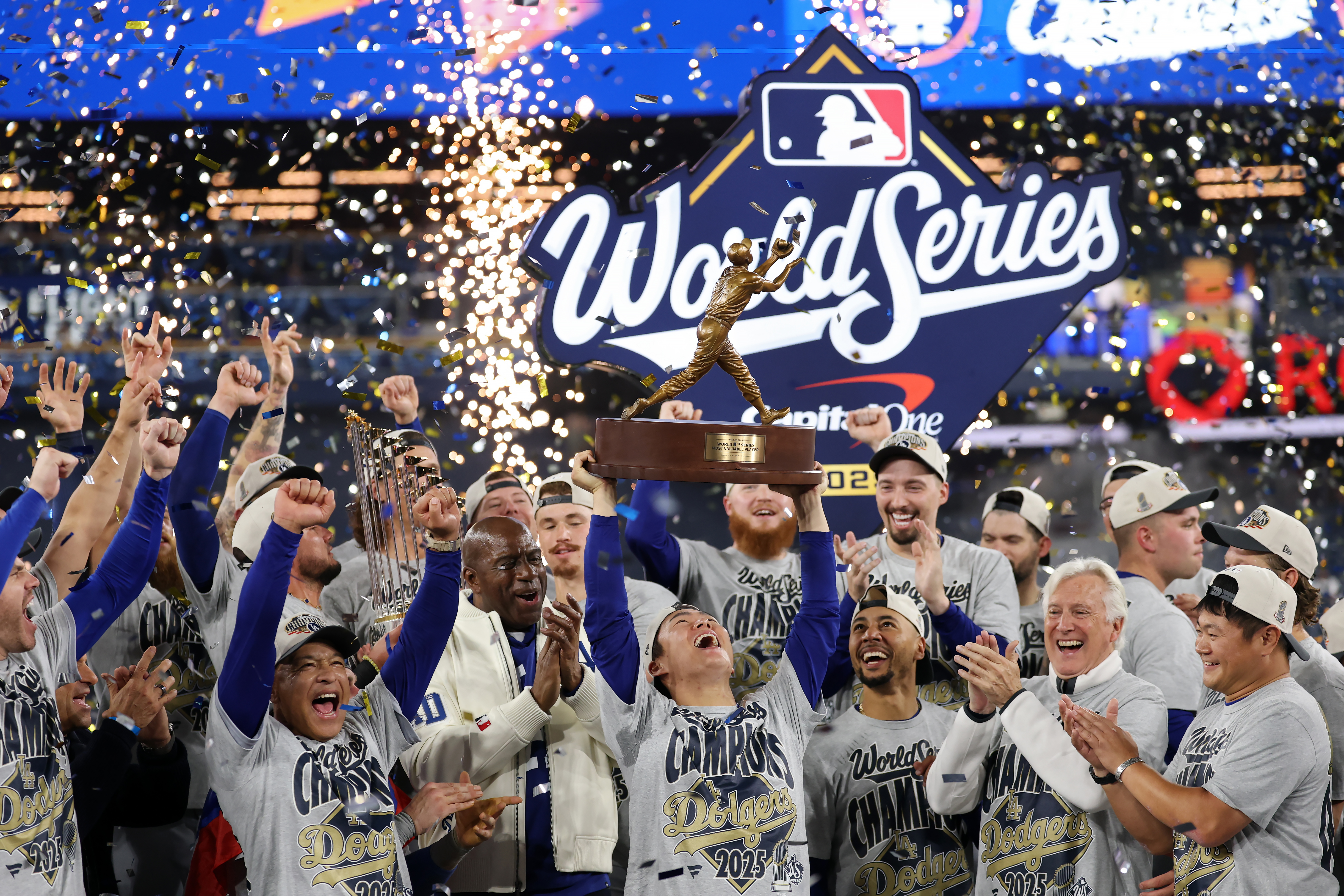 The Los Angeles Dodgers celebrate winning Game 7 of the World Series over the Toronto Blue Jays on November 2, 2025 