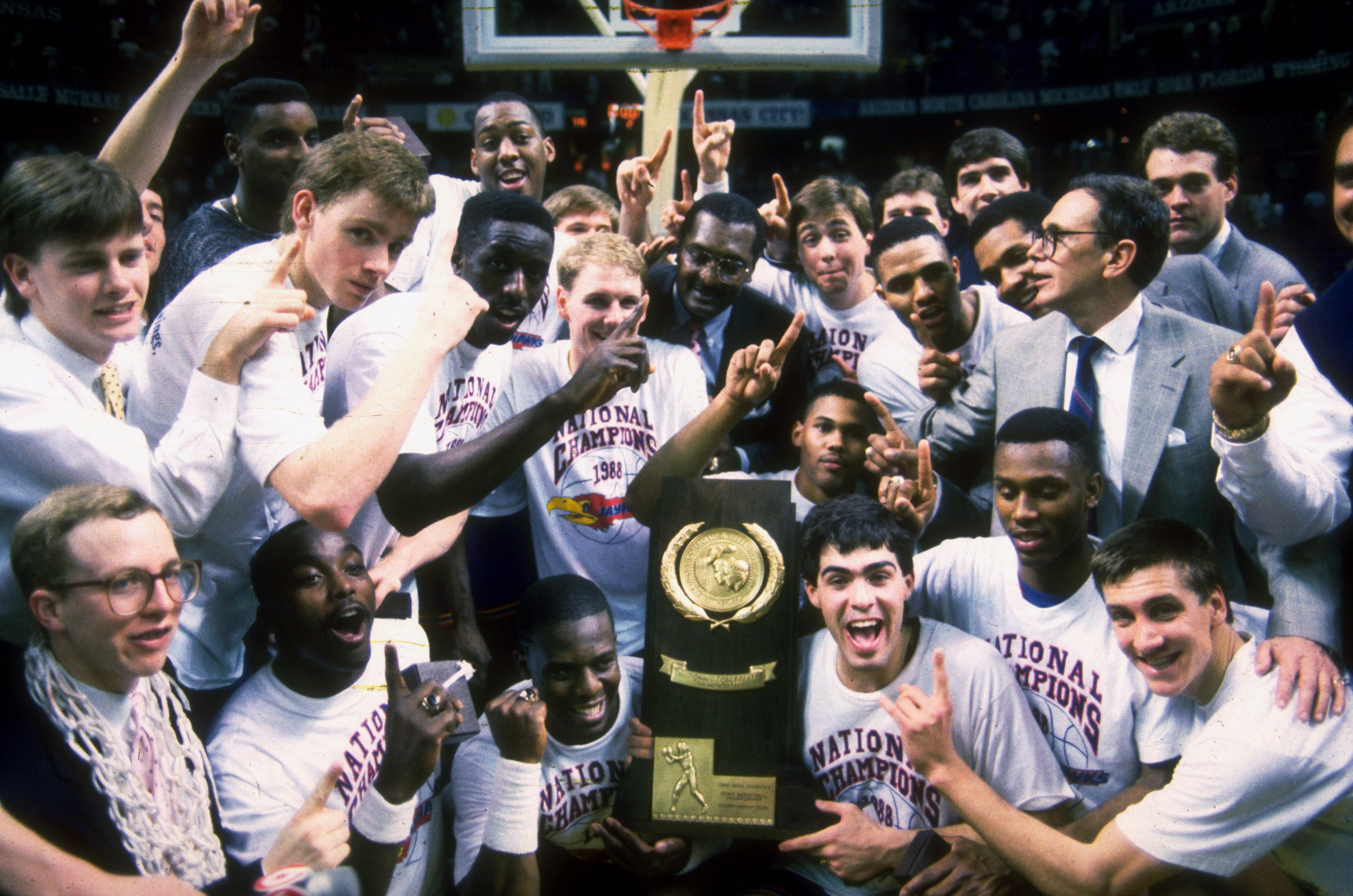 Kansas players celebrate winning the National Championship in 1988. 
