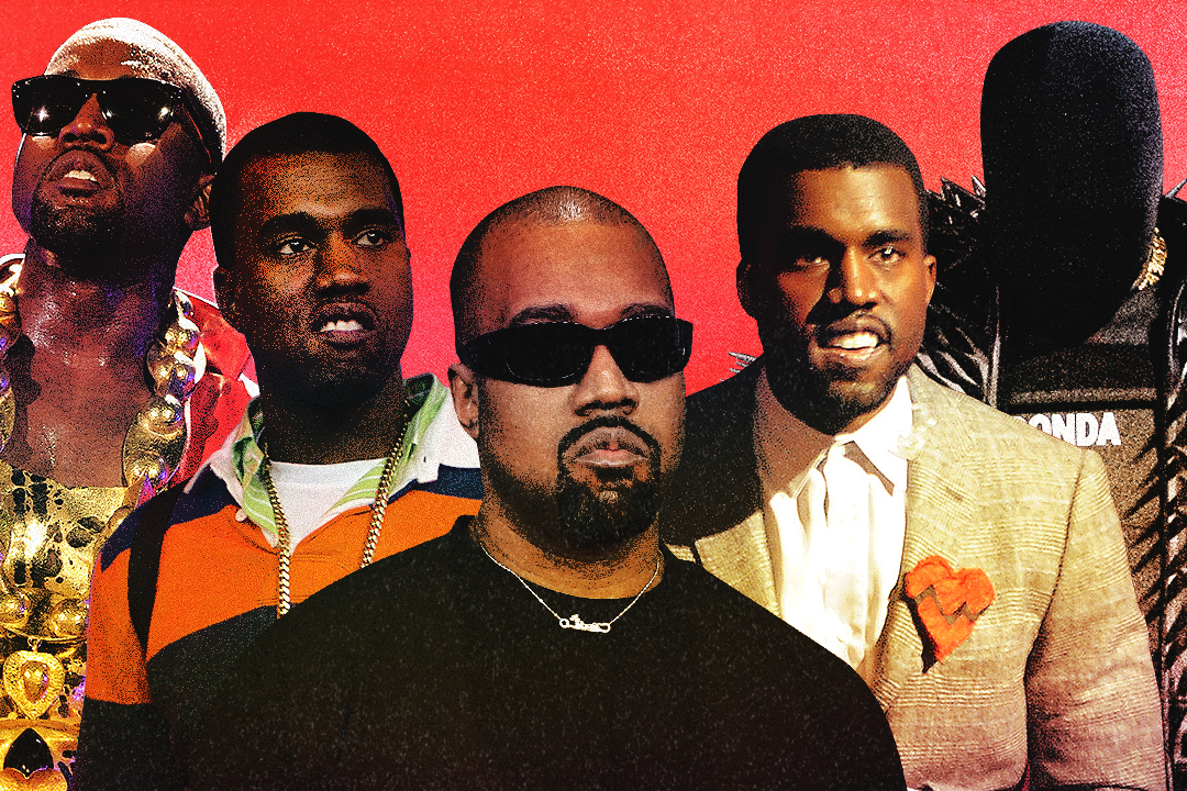 Kanye West in various outfits and styles against a red background, showcasing different phases of his career. Each Kanye represents him from another era, including Kanye in a black shirt and sunglasses from Bully.