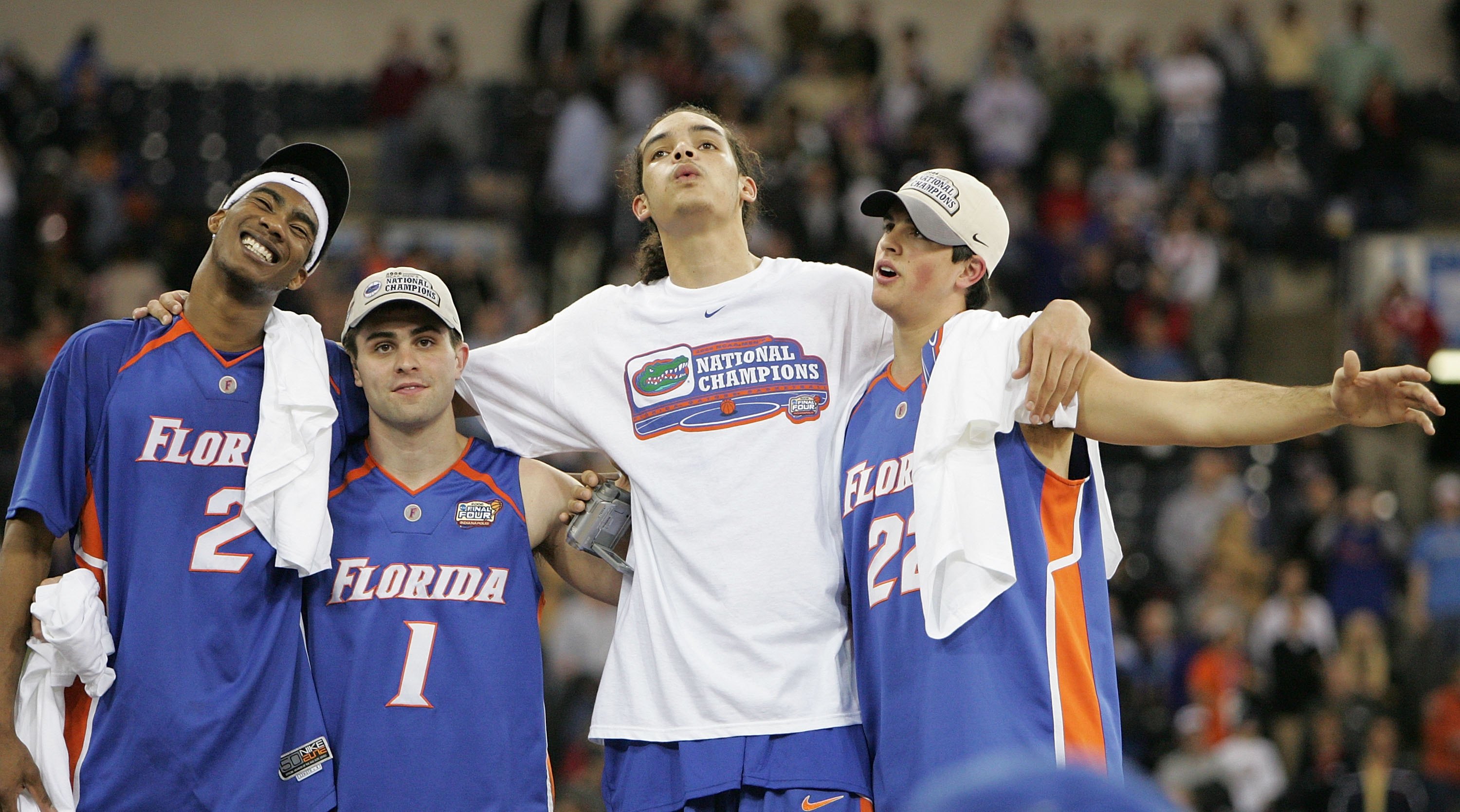 Joakim Noah and teammates celebrate Florida's win in the 2006 National Championship Game.