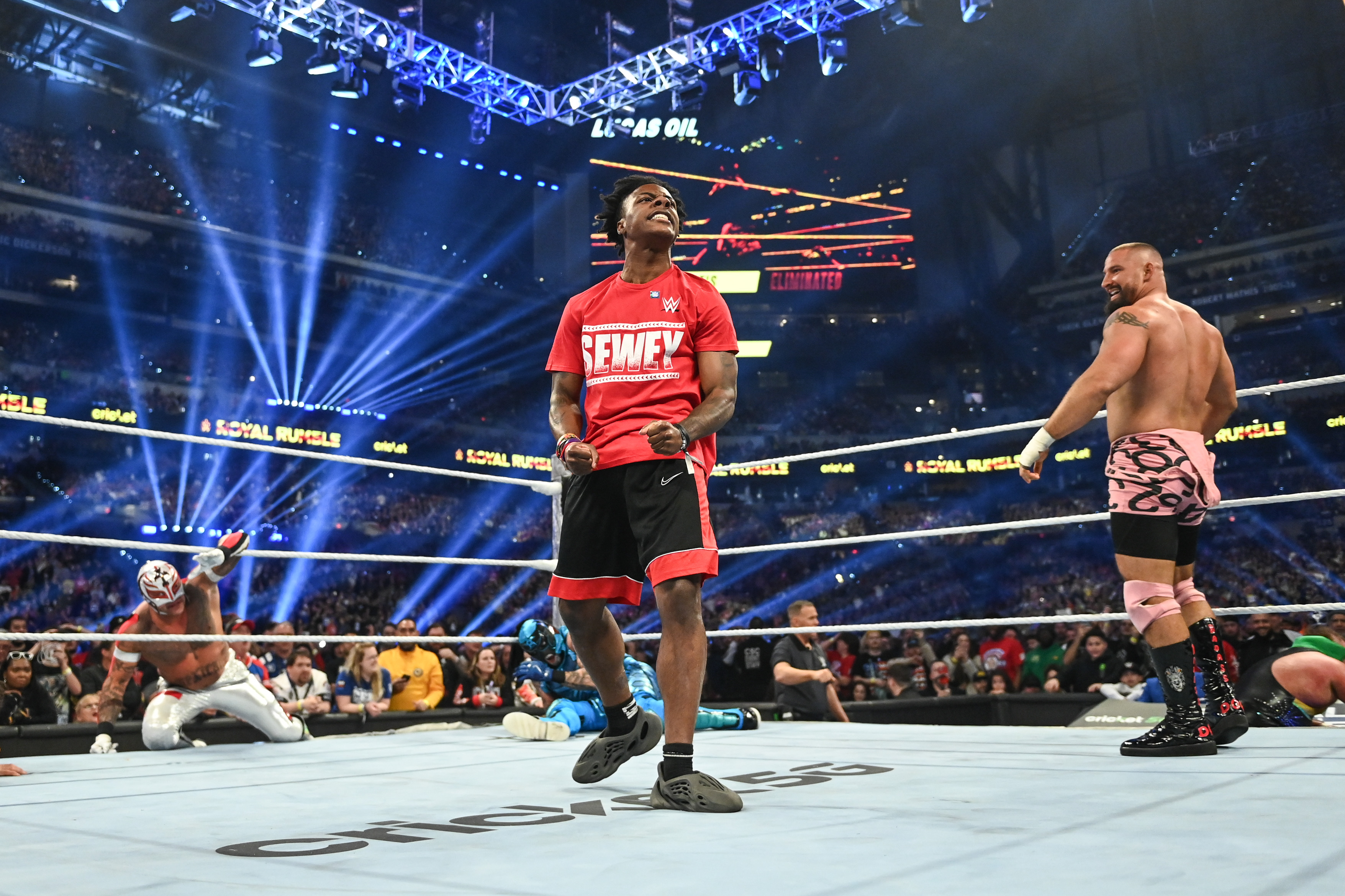 IShowSpeed looks on during Royal Rumble at Lucas Oil Stadium on February 1, 2025 in Indianapolis, Indiana.