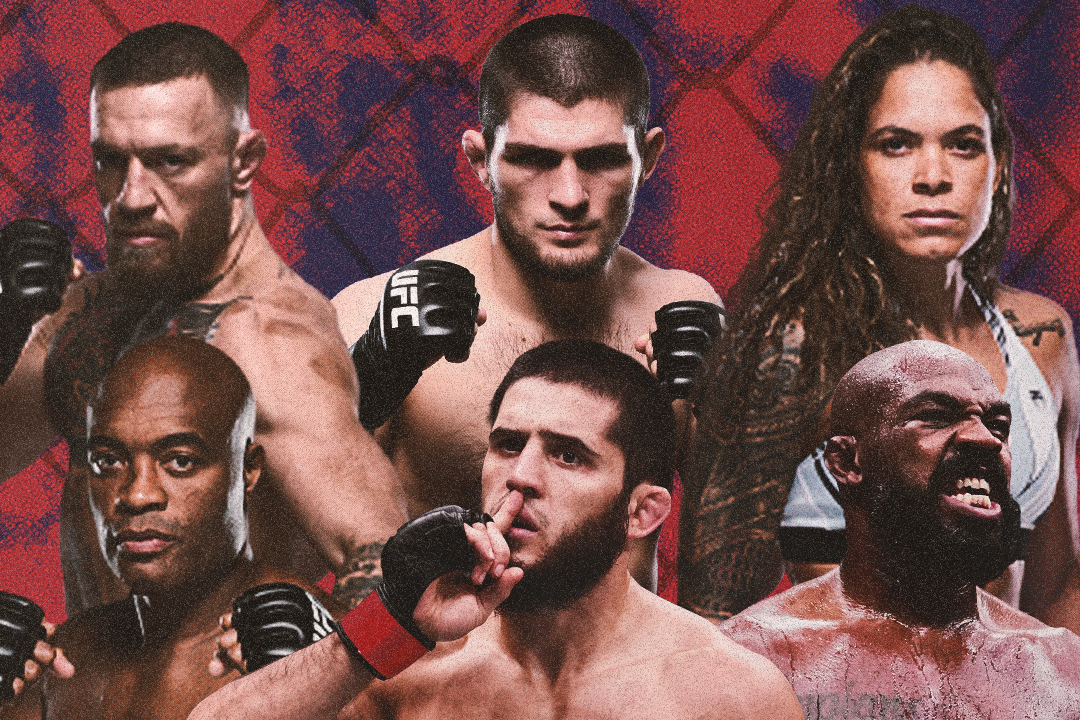 Islam Makhachev, Anderson Silva, Conor McGregor, Khabib Nurmagomedov, Amanda Nunes, and Jon Jones (Clockwise from bottom)