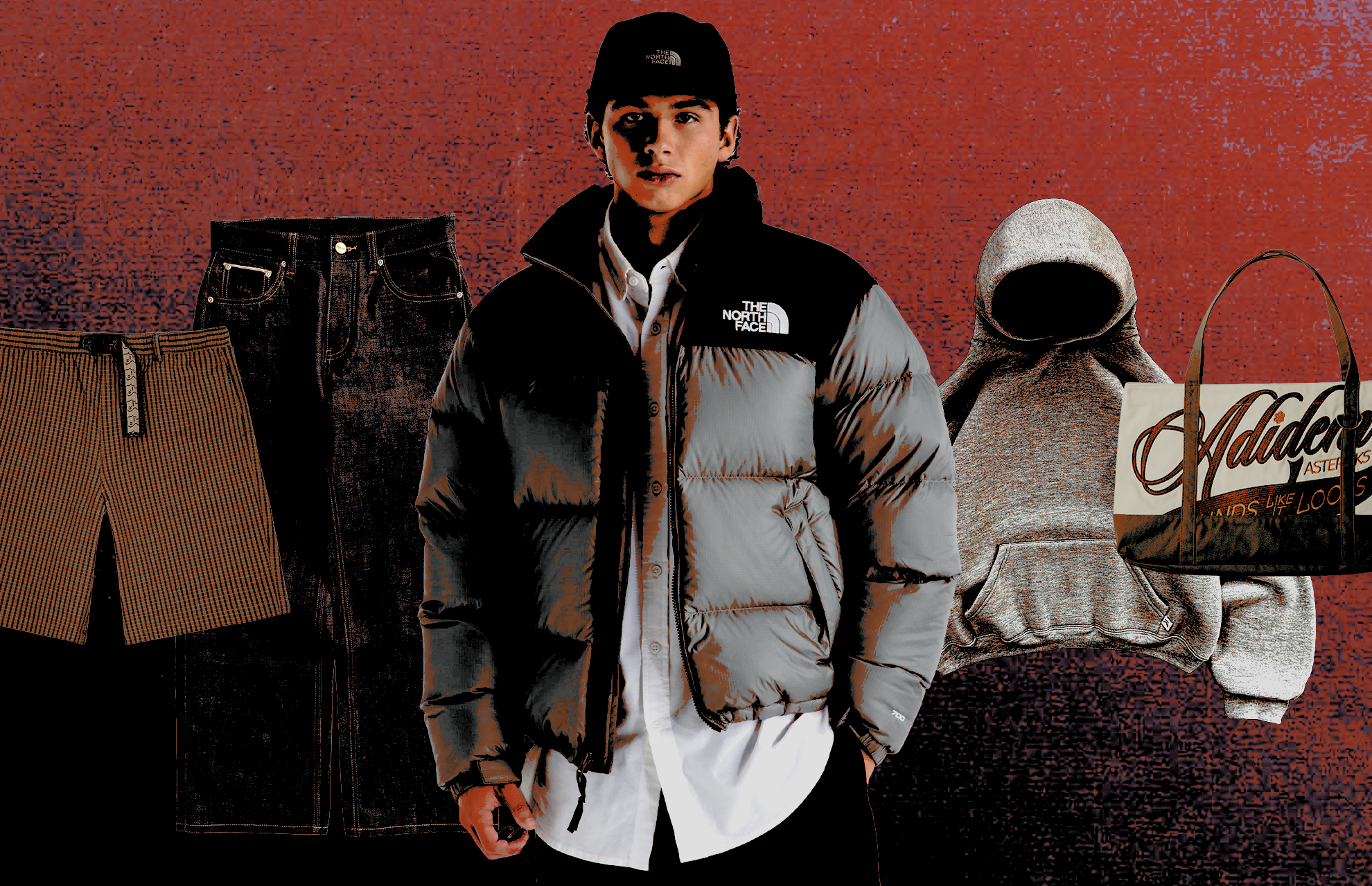 These are the 25 staple pieces that every man should have in their closet including Brain Dead Trail Shorts, Berlinc Selvedge Denim, The North Face Nuptse Jacket, Akimbo Club hoodie, and Adidas Asterisks tote bag.