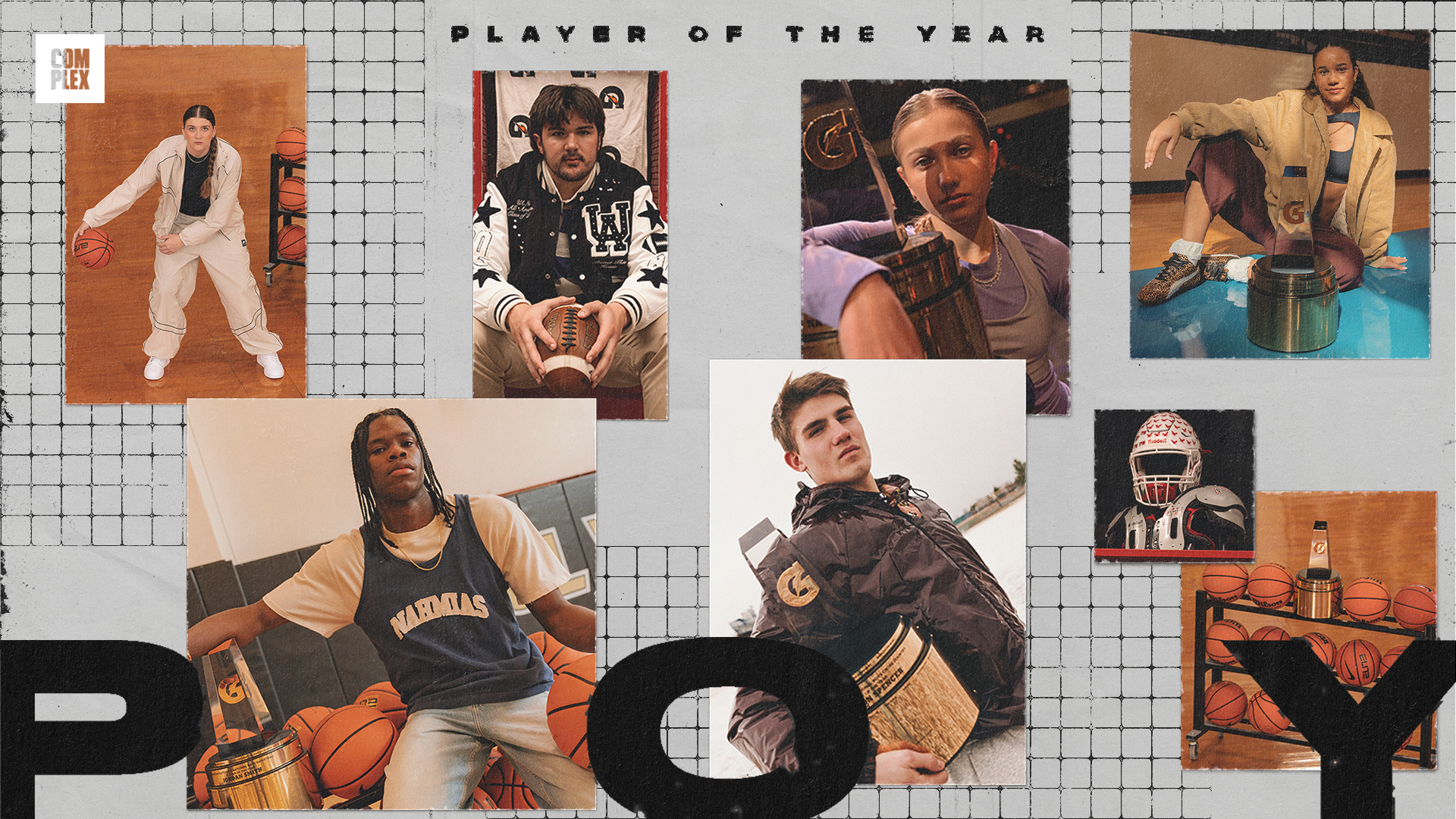 A collage of athletes in various sports attire, holding trophies and sports equipment, with "Player of the Year" text above.