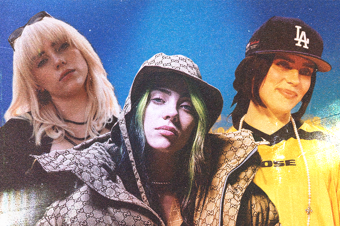 A collage of Billie Eilish in three different outfits, showcasing her unique style with varied hairstyles and accessories.