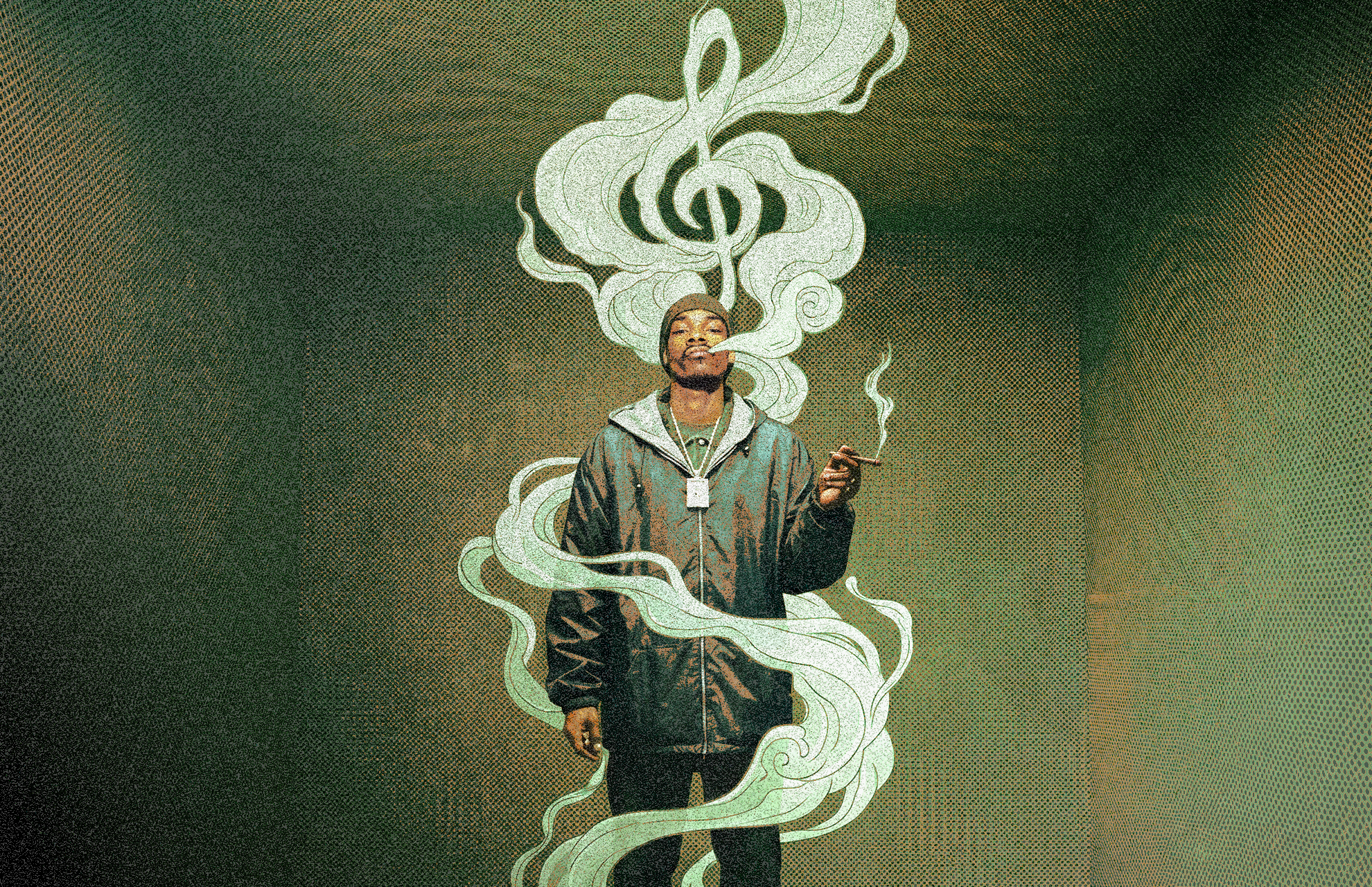 A man in a jacket smokes, with musical note-shaped smoke swirling around him in a room with a textured green background.