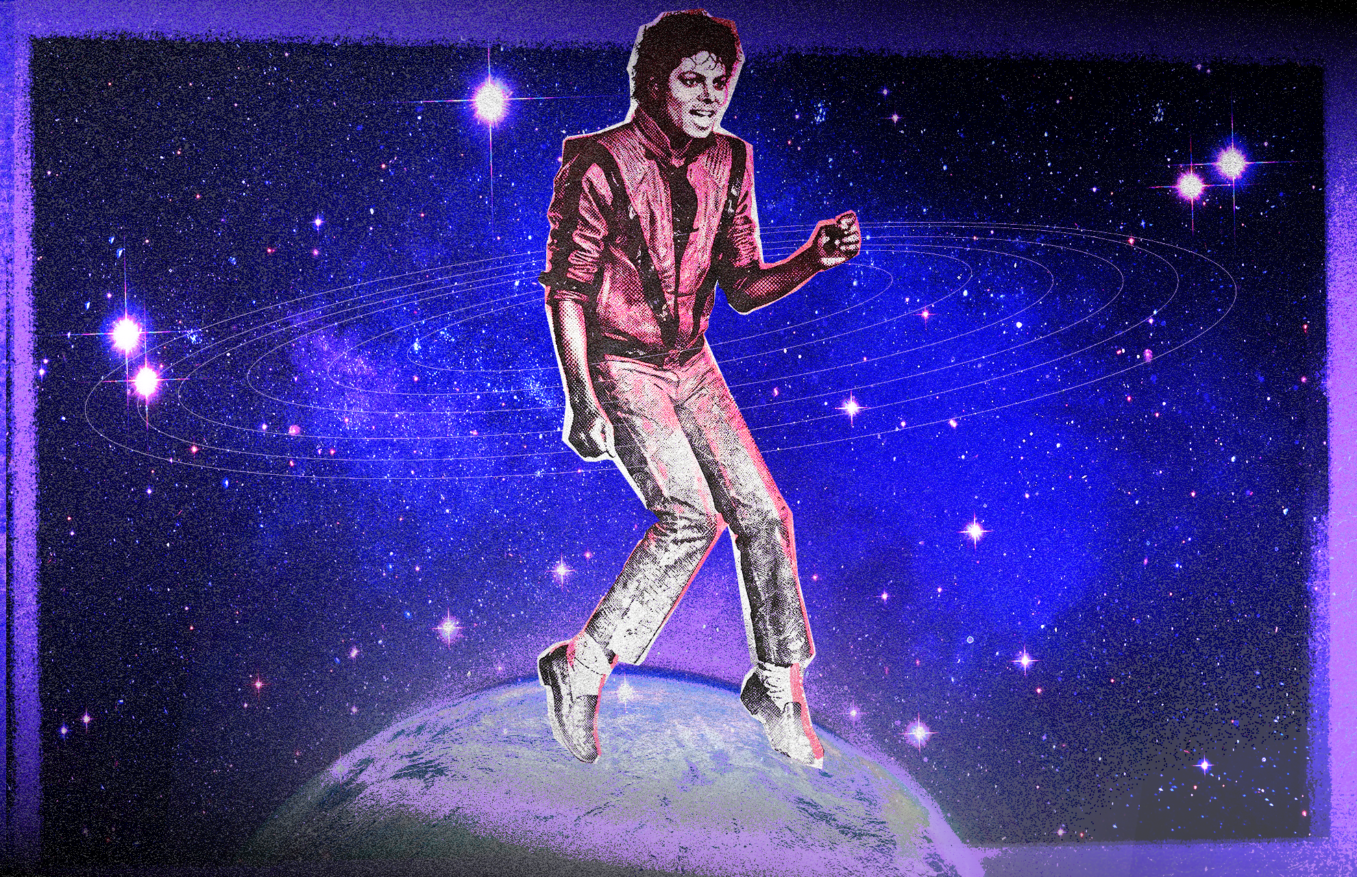 Michael Jackson in a red jacket, dancing on a planet against a cosmic background with stars and rings. This is from the 'Thriller' era, which is covered in the 'Michael' movie. 