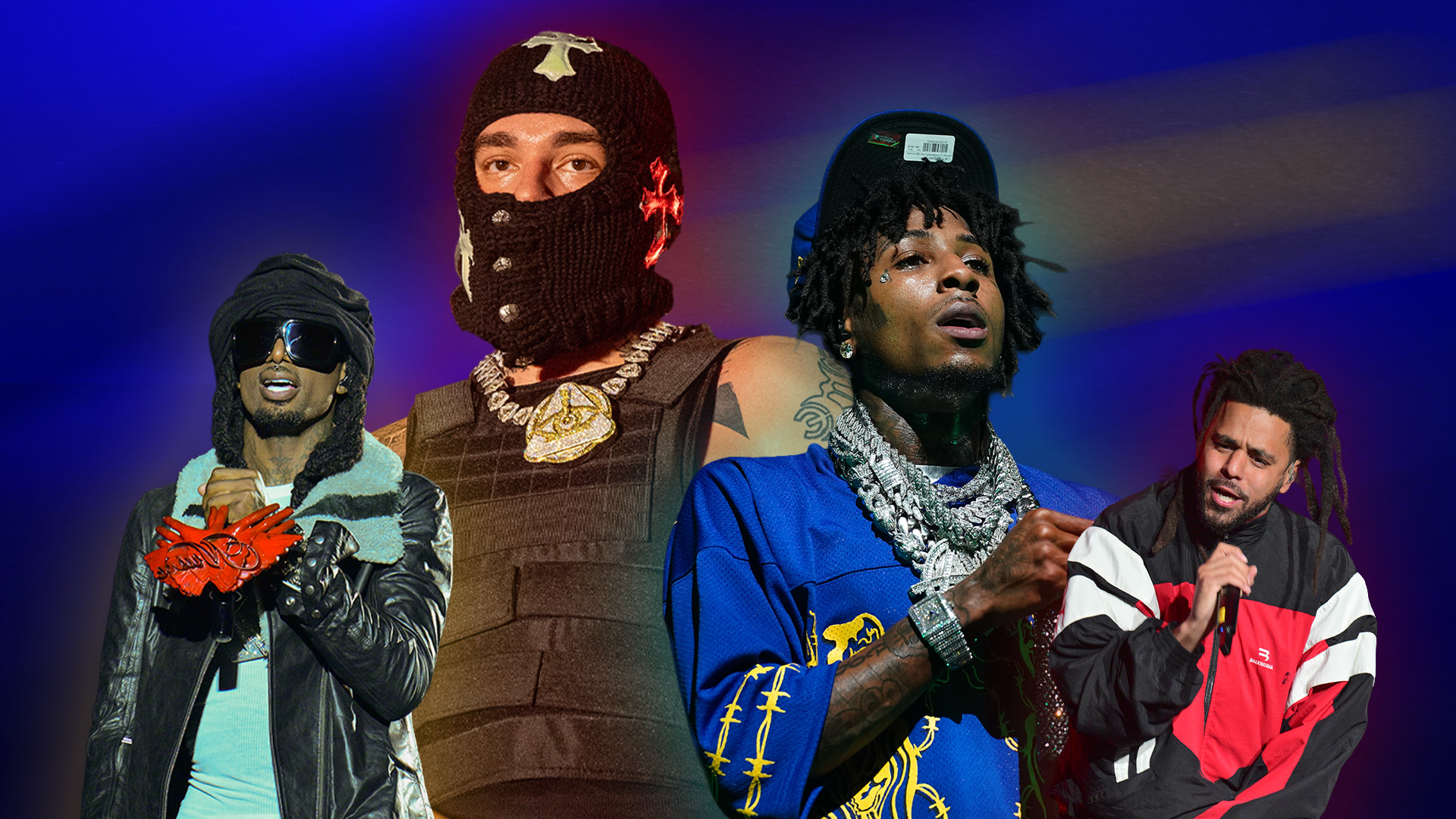 Playboi carti, Yeat, Nba Youngboy and J. Cole are depicted: Yeat is wearing a mask, Carti with a headscarf and sunglasses, Youngboy in a blue outfit with chains, and Cole in a red jacket. These are the hottest rappers.