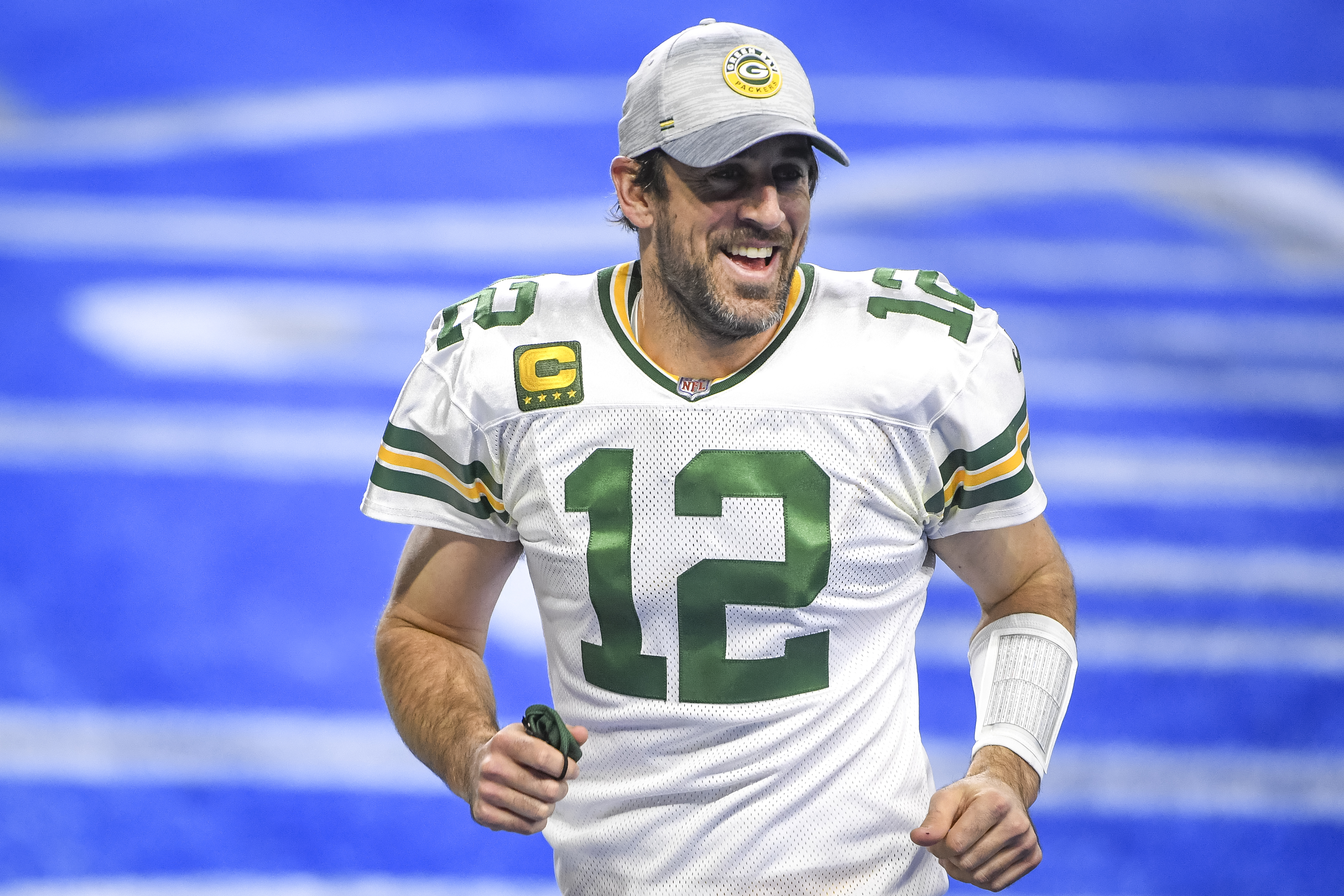 Green Bay quarterback Aaron Rodgers celebrates after a Packers win over the Detroit Lions.