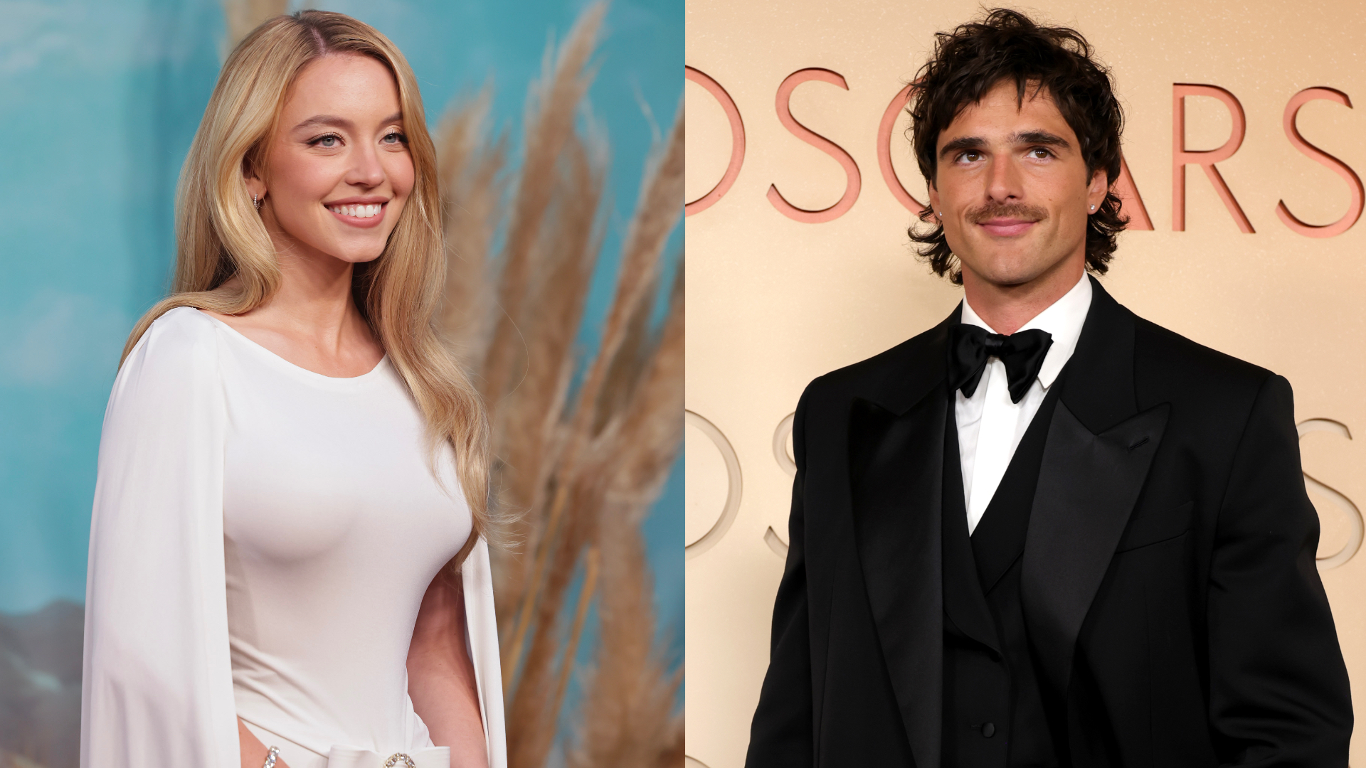 Sydney Sweeney in a white dress and Jacob Elordi in a black tuxedo at a formal event.