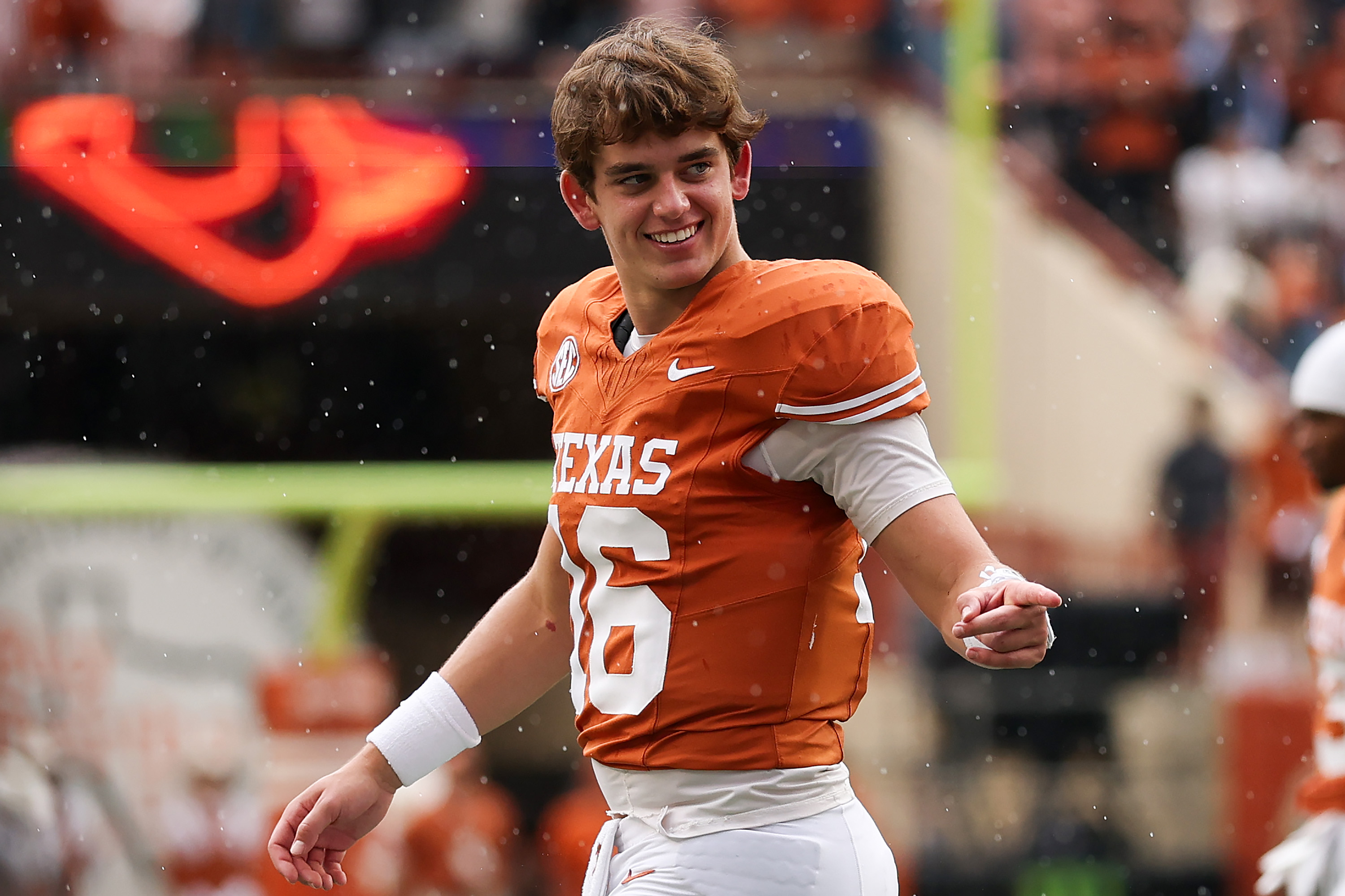 Texas QB Arch Manning reacts during a November 2025 game against Vanderbilt. 