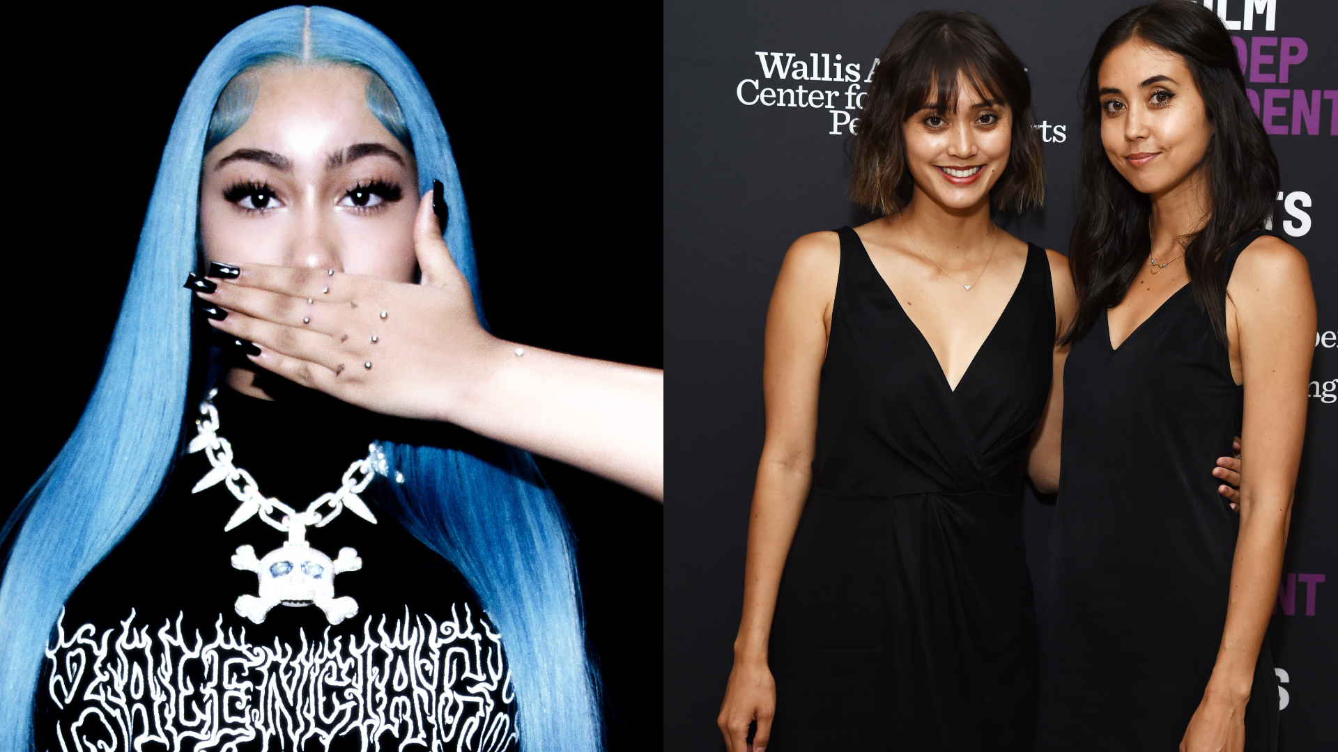 On the left, North West with long blue hair covers their mouth. On the right, Meg and Dia Frampton in black dresses pose together at an event.