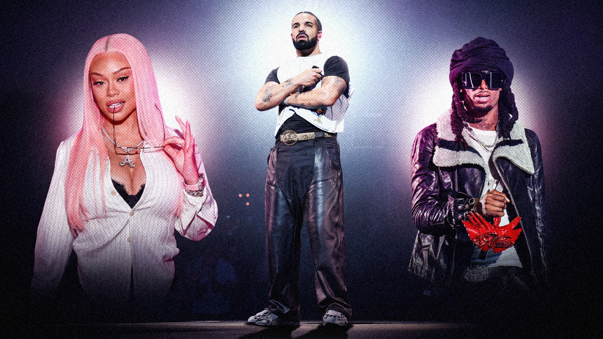A collage featuring Drake in the center, Latto with pink hair on the left, and Playboi Carti in a leather jacket on the right. They all have albums coming out this year. 