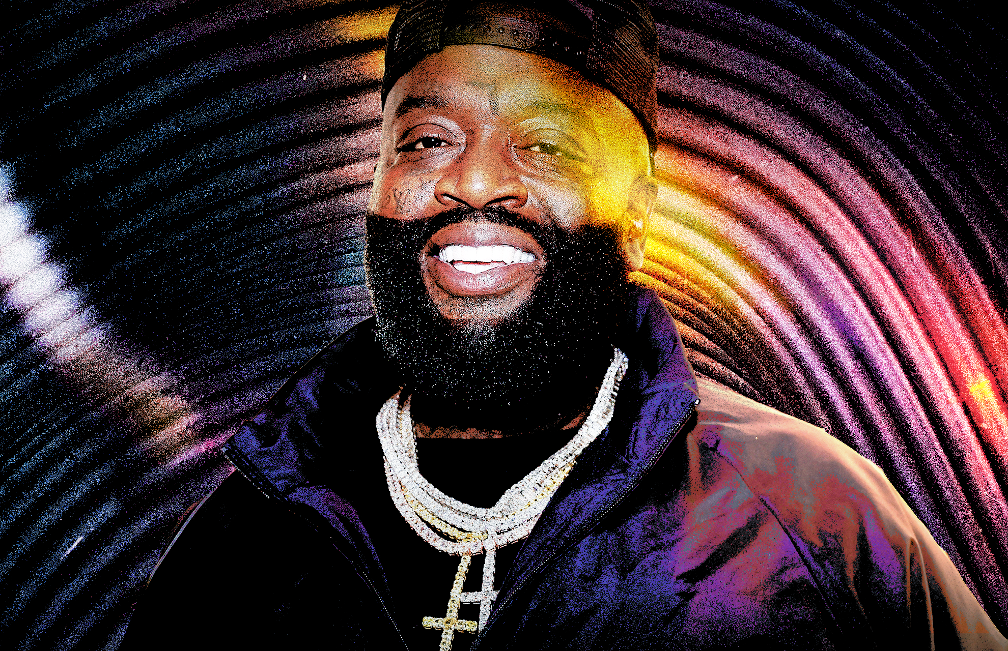 Rick Ross smiling, wearing a cap and multiple chains, against a colorful, swirling background. He will face off against French Montana in VERZUZ. He has over 20 great songs.