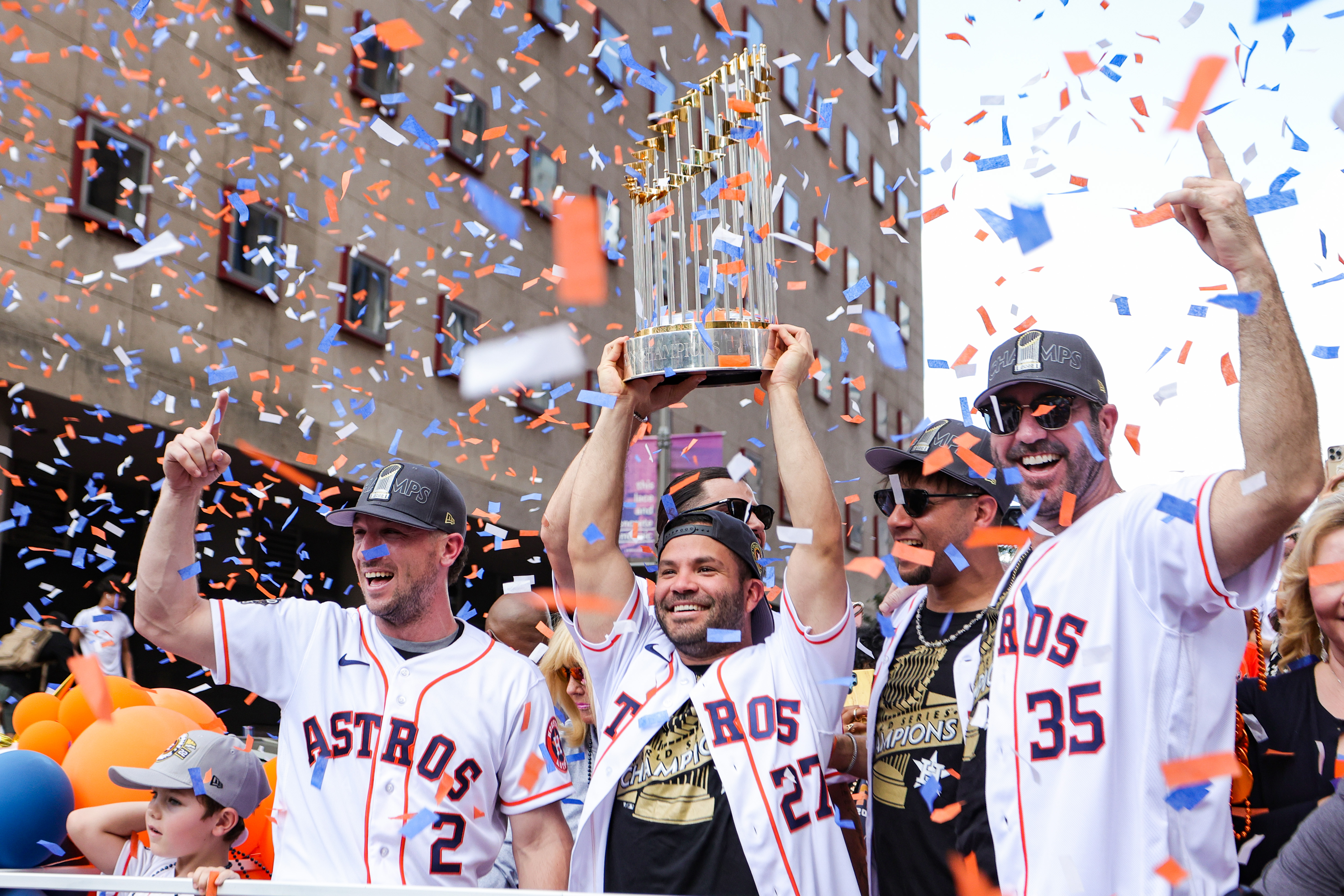 Alex Bregman, Jose Altuve, and Justin Verlander celebrate the Houston Astros 2022 World Series title at their parade.