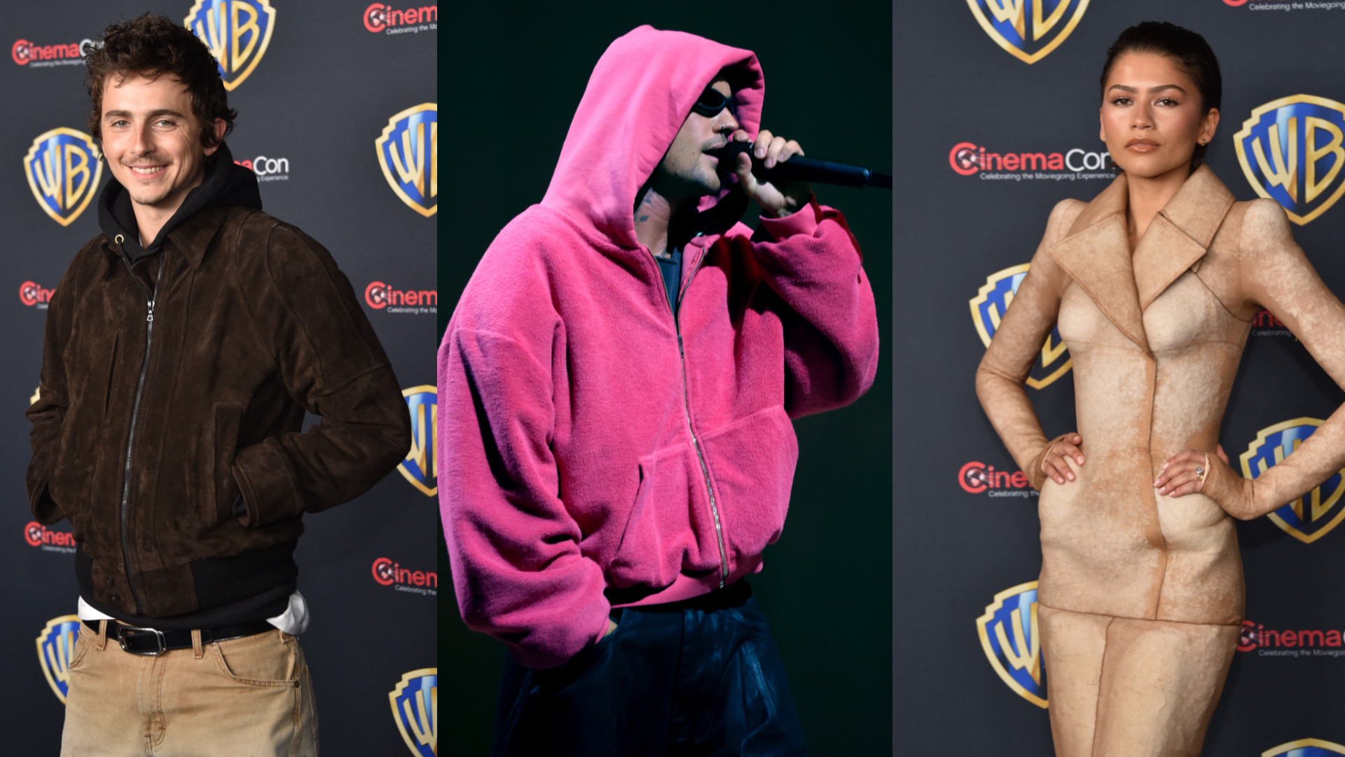 Timothée Chalamet in a brown jacket, Justin Bieber performing in a pink hoodie, and Zendaya in a stylish beige outfit at an event.