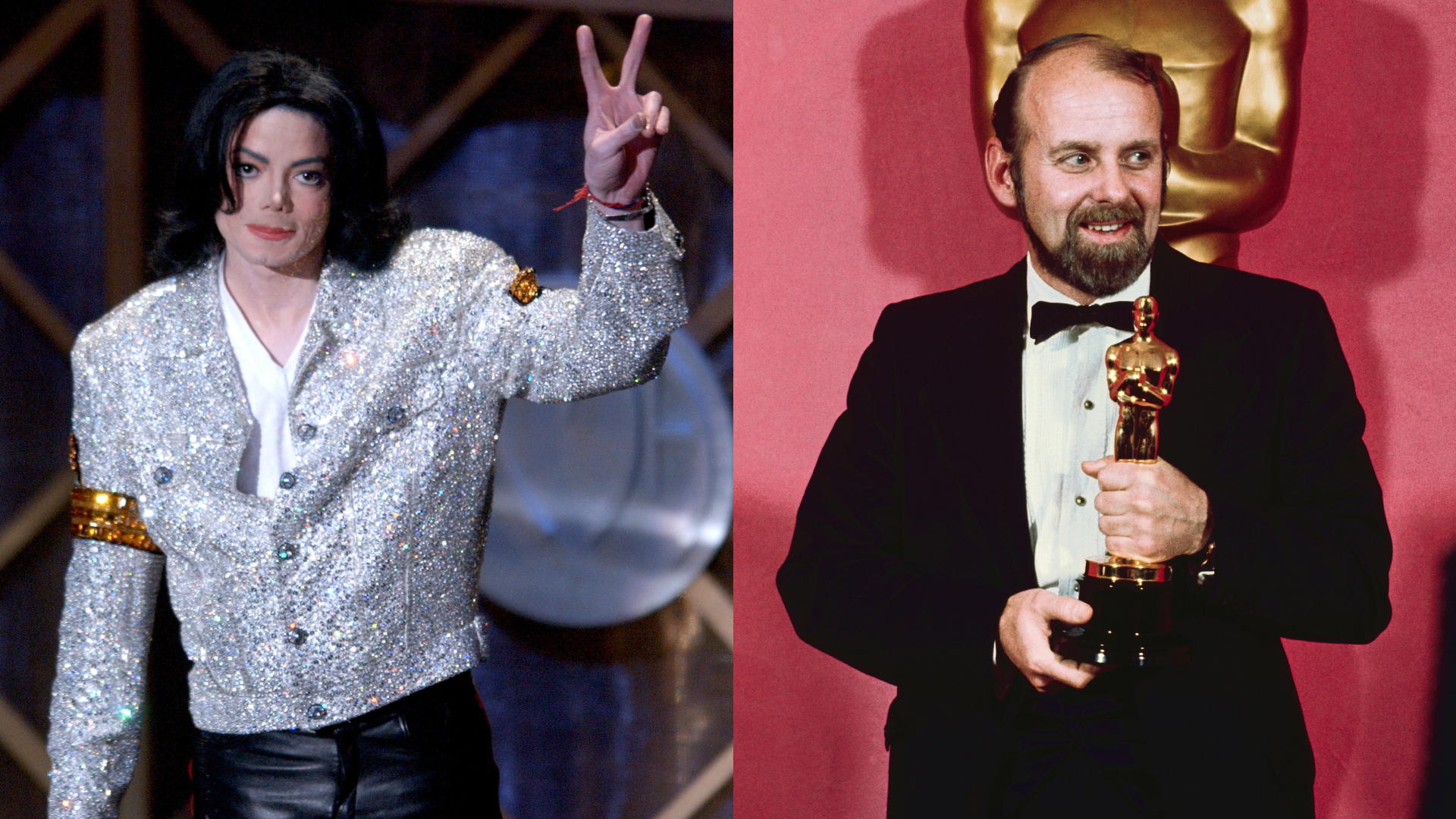 Michael Jackson in a glittery jacket making a peace sign; Bob Fosse holding an Oscar statue, smiling in a tuxedo.