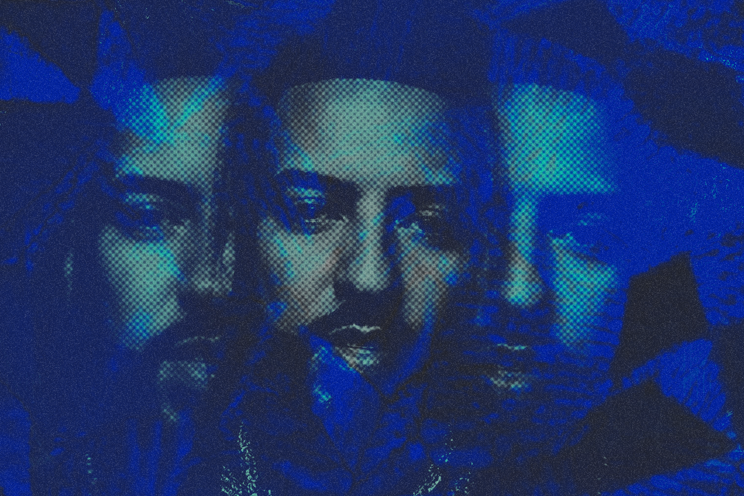 A stylized, blue-tinted image showing a triple exposure of French Montana's face with a textured, artistic effect.