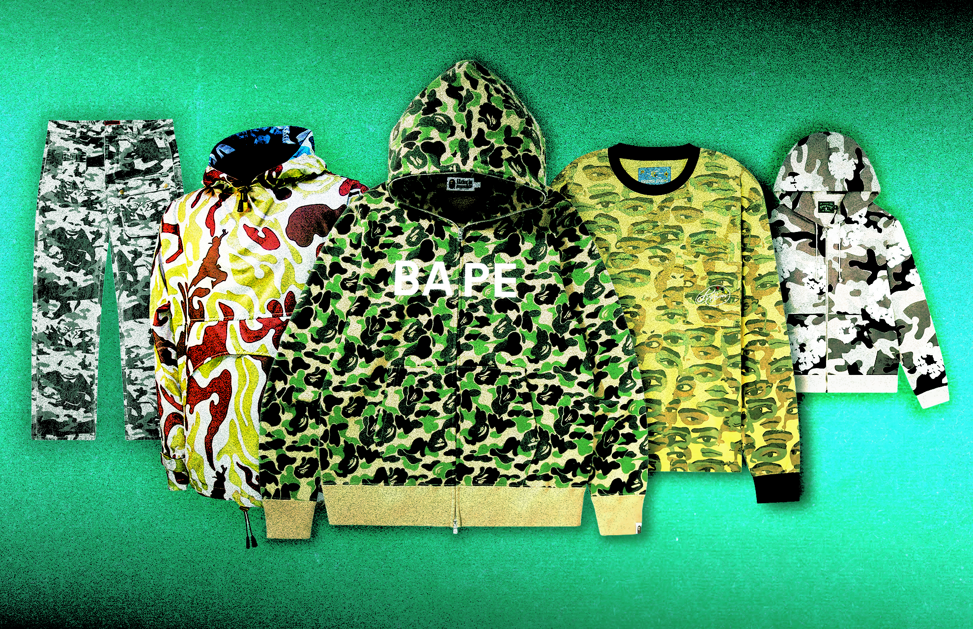 Across streetwear history, many brands have created their own original camo patterns including BAPE, Maharishi, KidSuper, Fugazi, and Denim Tears.