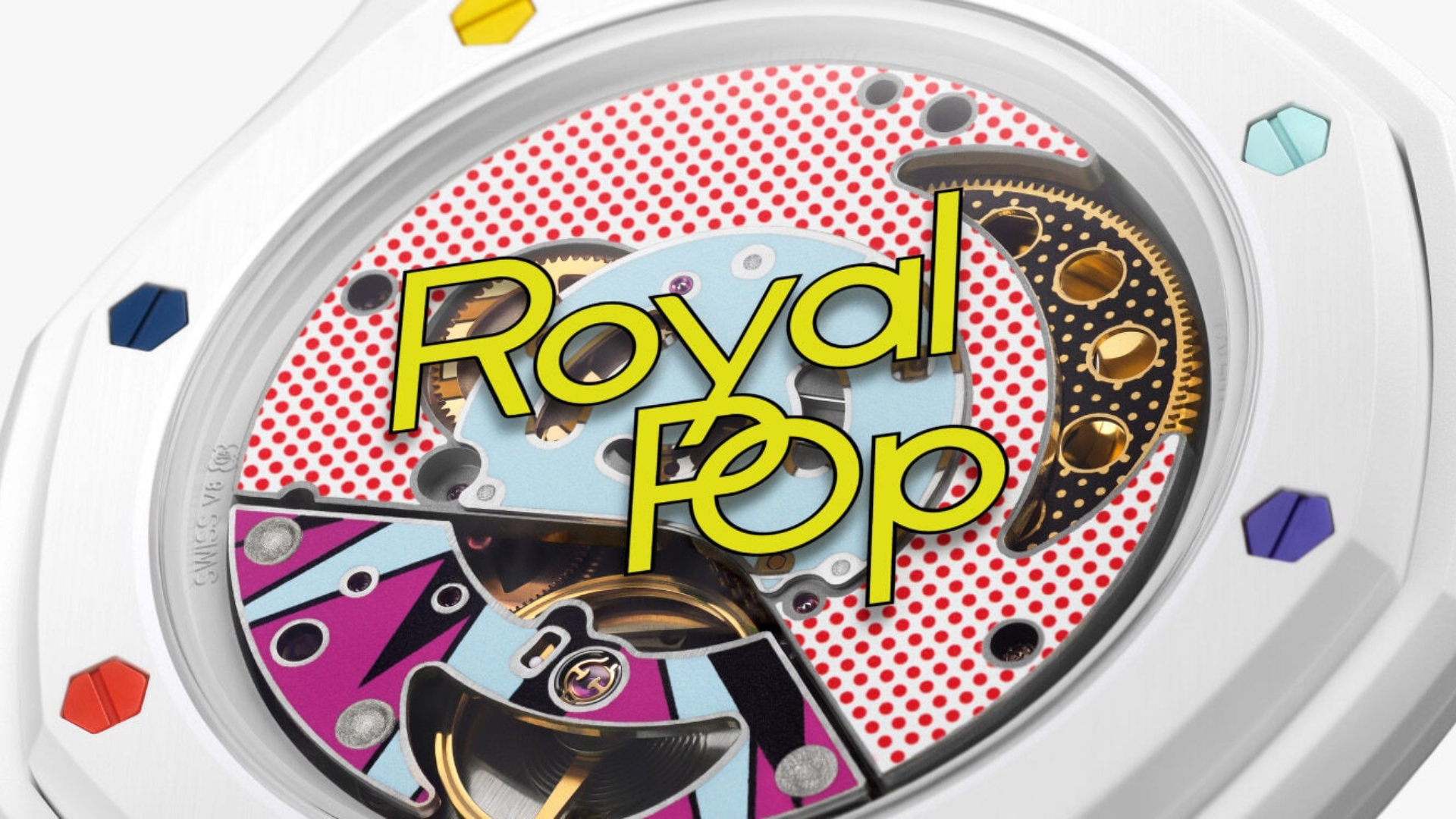 A close-up of a watch face with a colorful, pop art design. The text "Royal Pop" is prominently displayed.
