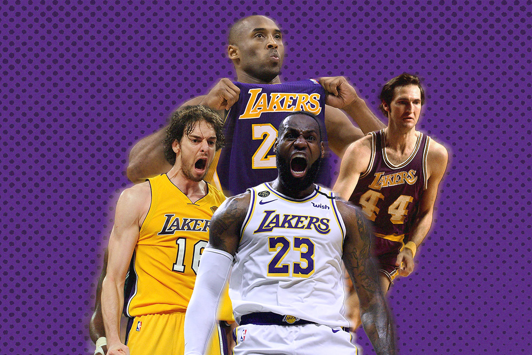 LeBron James, Pau Gasol, Kobe Bryant, and Jerry West, clockwise from center