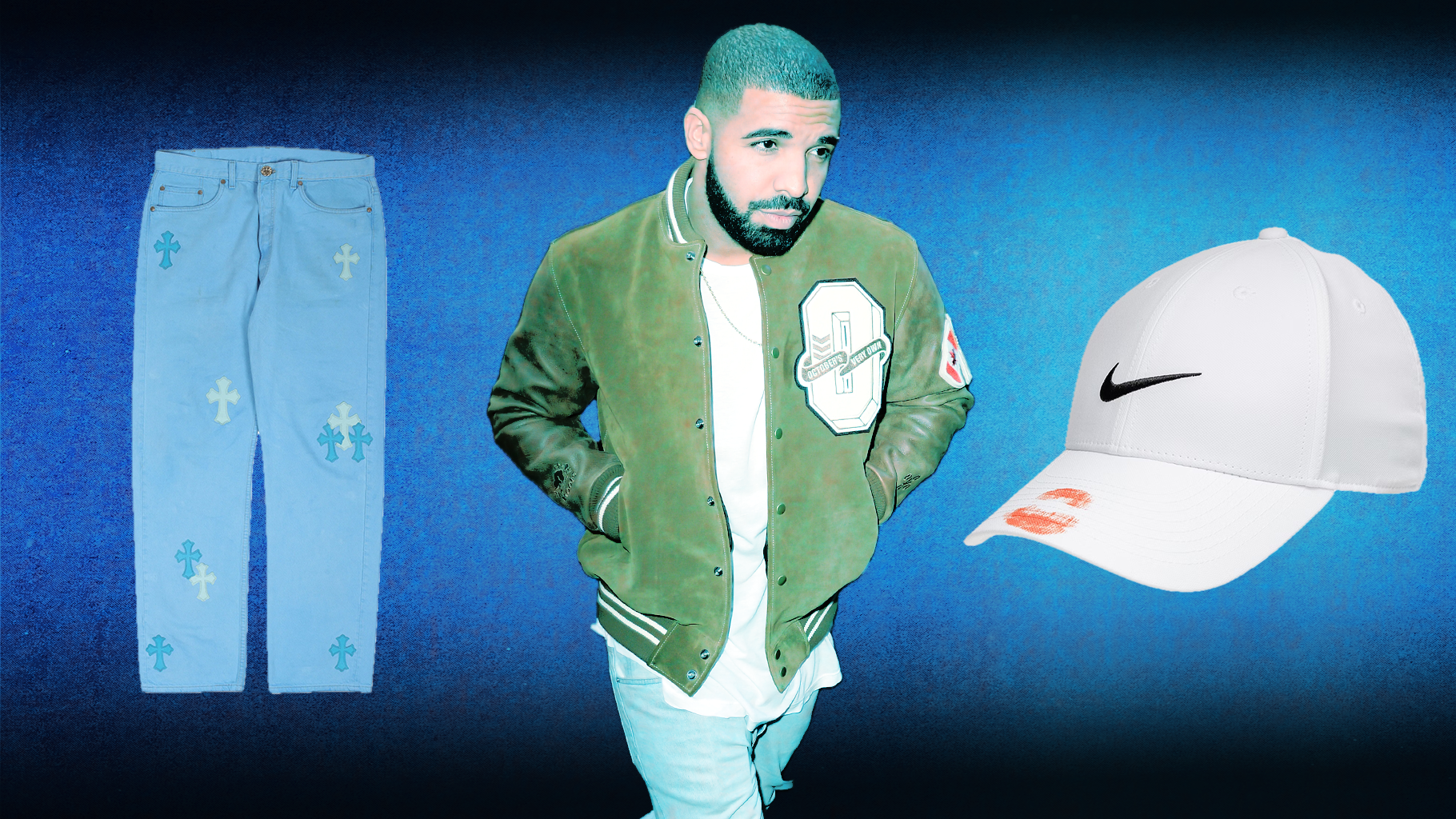 Drake in a green varsity jacket and white shirt, flanked by blue jeans with cross designs and a white Nike cap with red lips print.