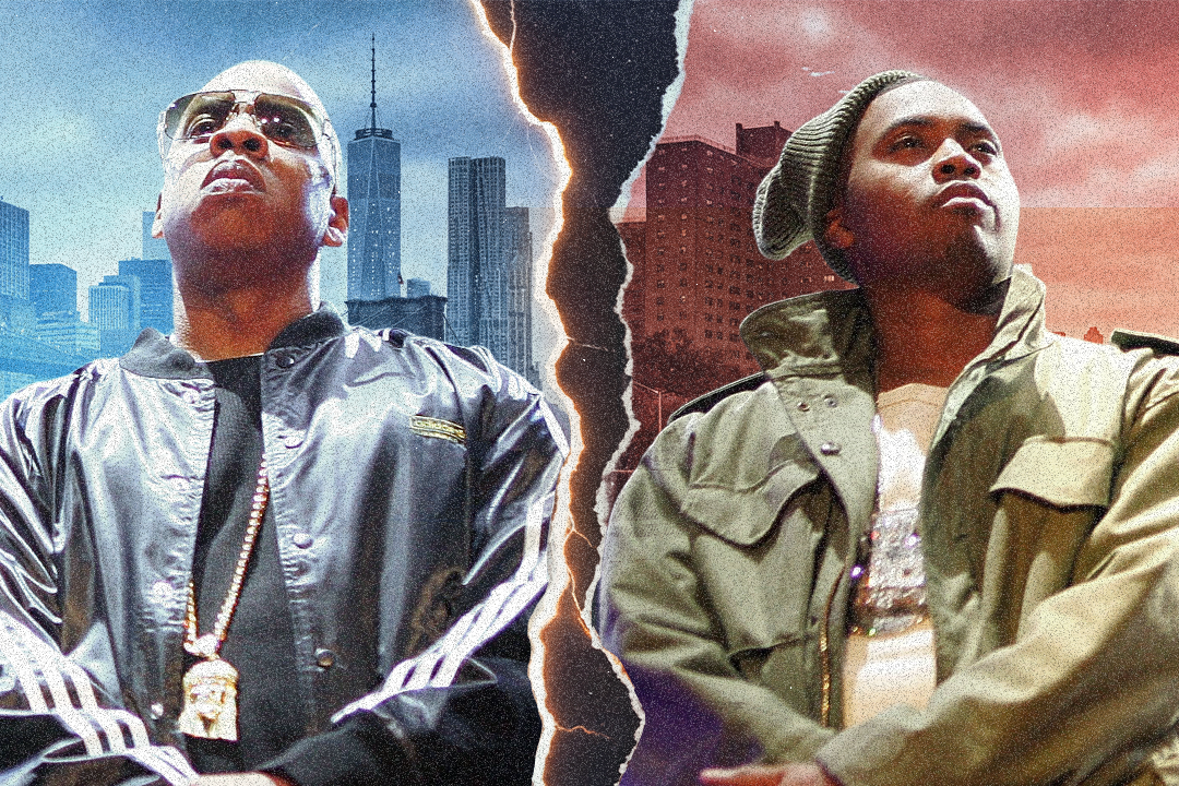 A split image of Jay-Z and Nas, each with a cityscape background, symbolizing their historic rap rivalry.