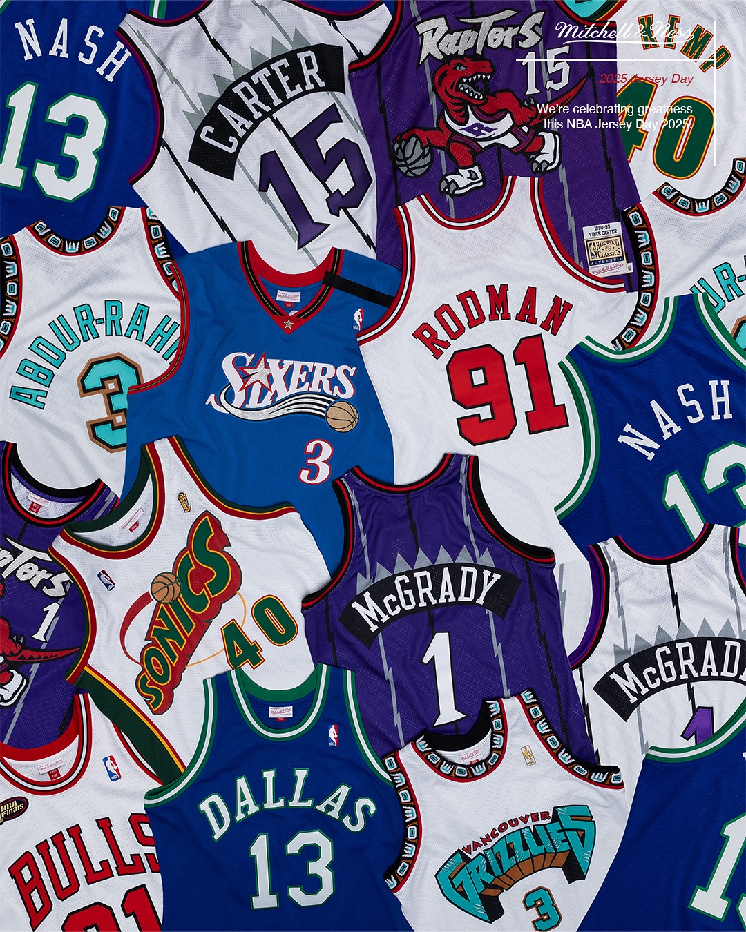 Mitchell & Ness is known for its throwback jerseys that span across various sports and eras including NBA legends from the '90s and 2000s like Allen Iverson, Dennis Rodman, Steve Nash, Shawn Kemp, Tracy McGrady, Sahreef Abdur-Rahim, and more.