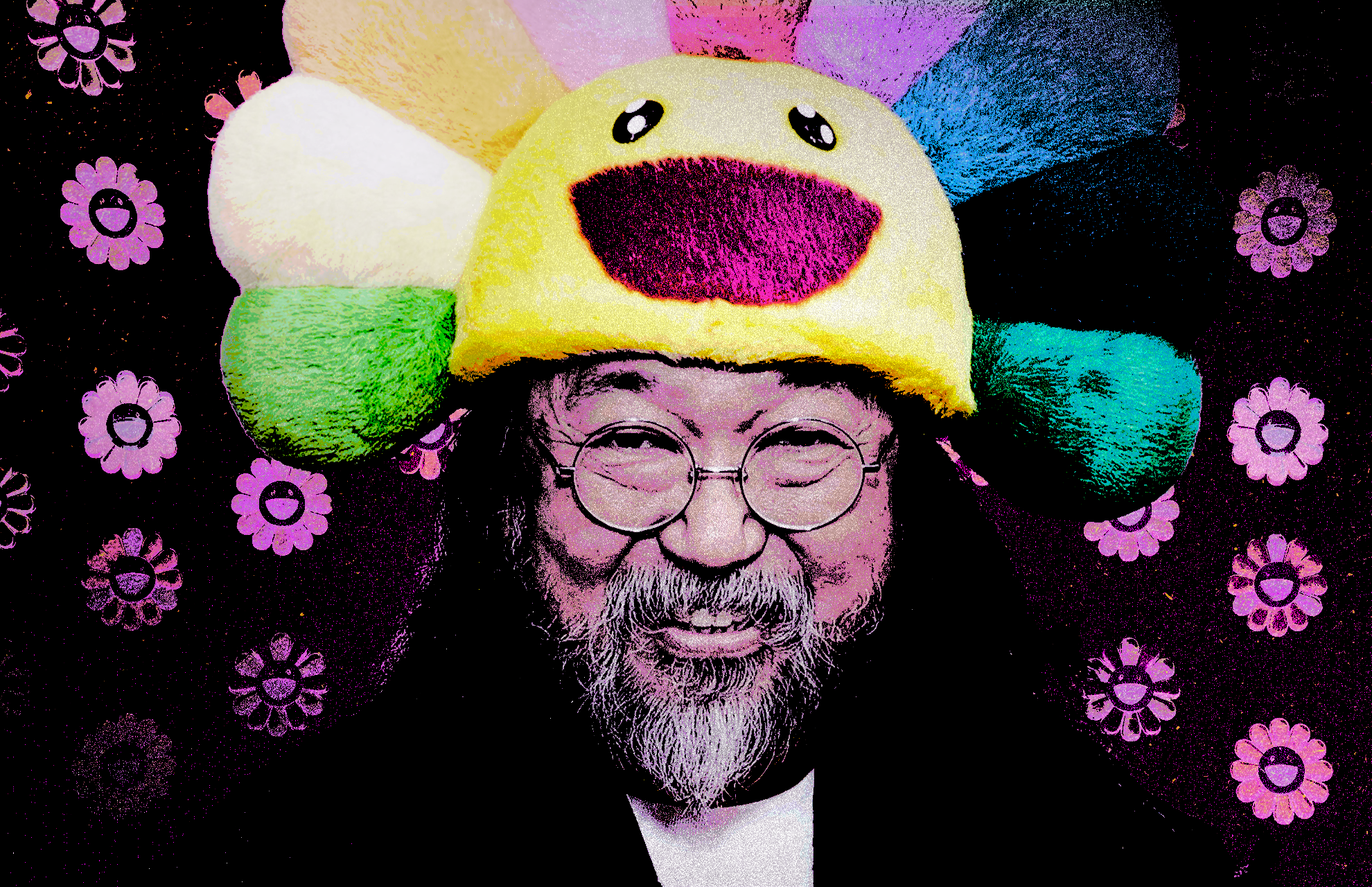 Takashi Murakami wearing a colorful, smiling flower hat, with a floral background.