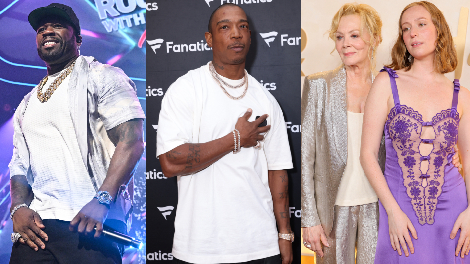 50 Cent performing, Ja Rule posing at an event, and Jean Smart with Hannah Einbinder on a red carpet.