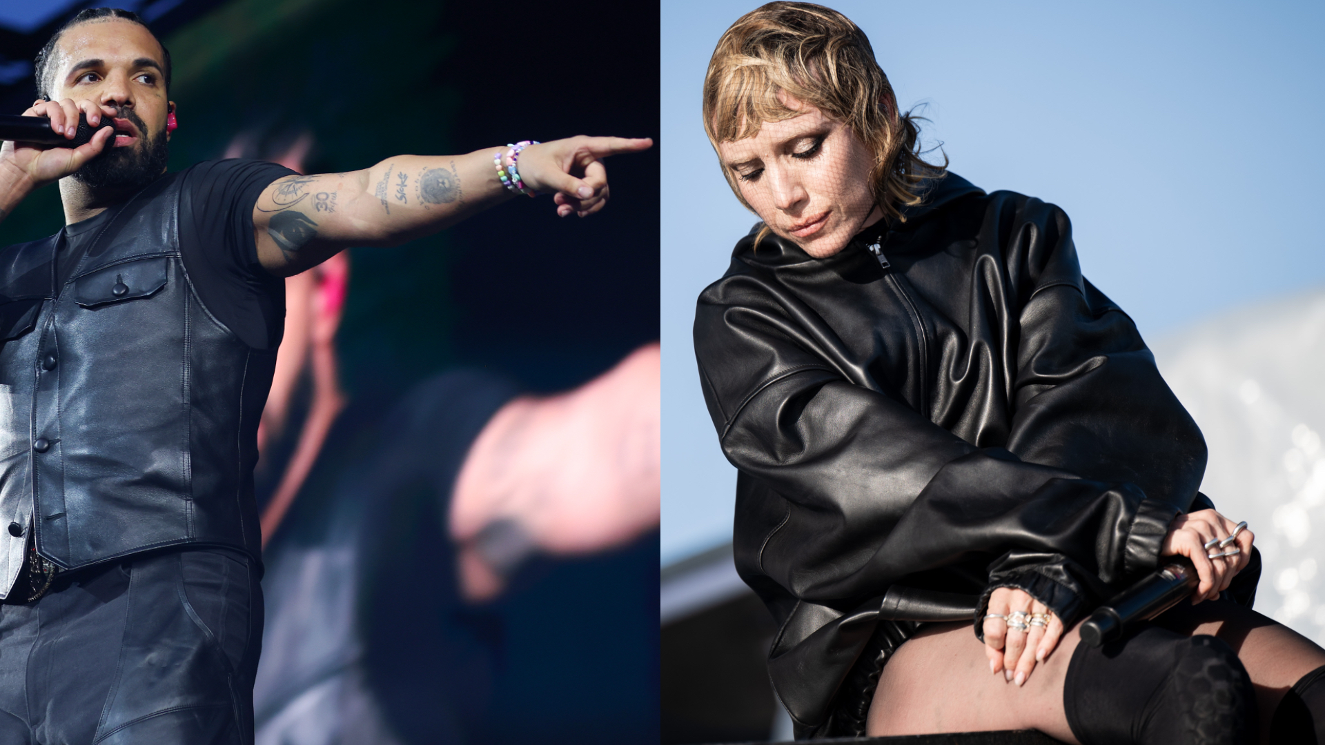Drake performing on stage, wearing a black leather vest, pointing. Lykke Li in a black jacket sitting, looking down.