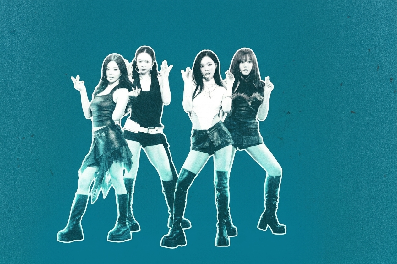 aespa perform on stage in stylish outfits, striking dynamic poses with a bright, circular light backdrop.