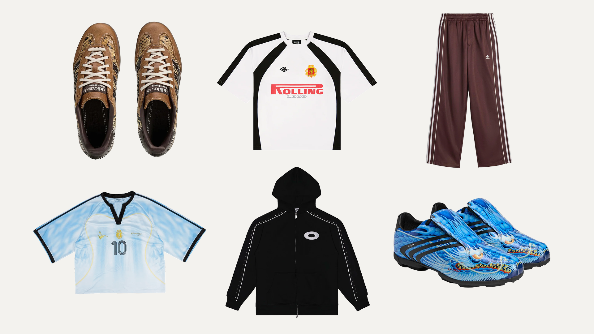 A collection of sportswear items: brown sneakers, a white and black jersey, brown track pants, a light blue jersey, a black hoodie, and blue sneakers.