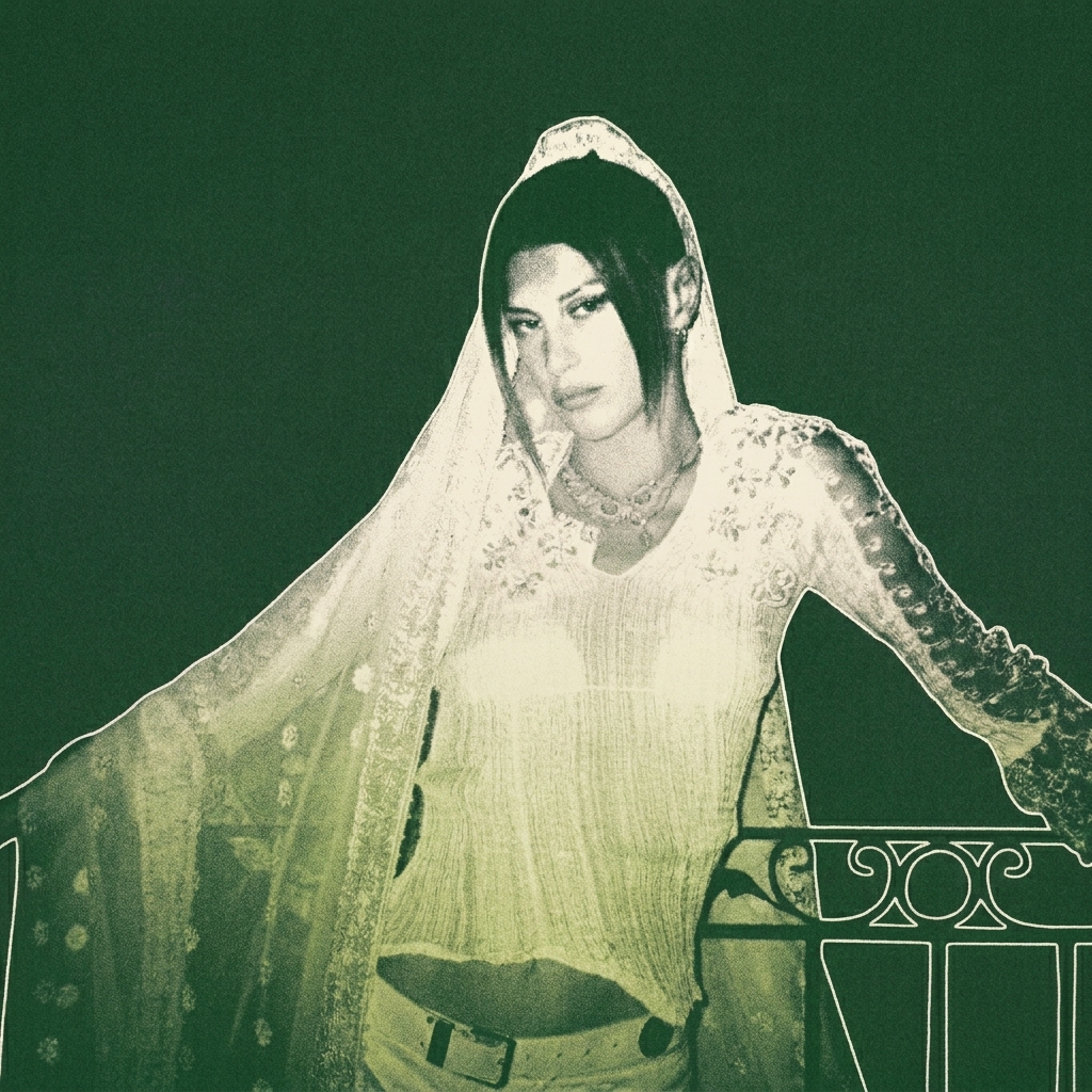 Qendresa in a sheer, embroidered top and veil stands against a railing, set against a green background.