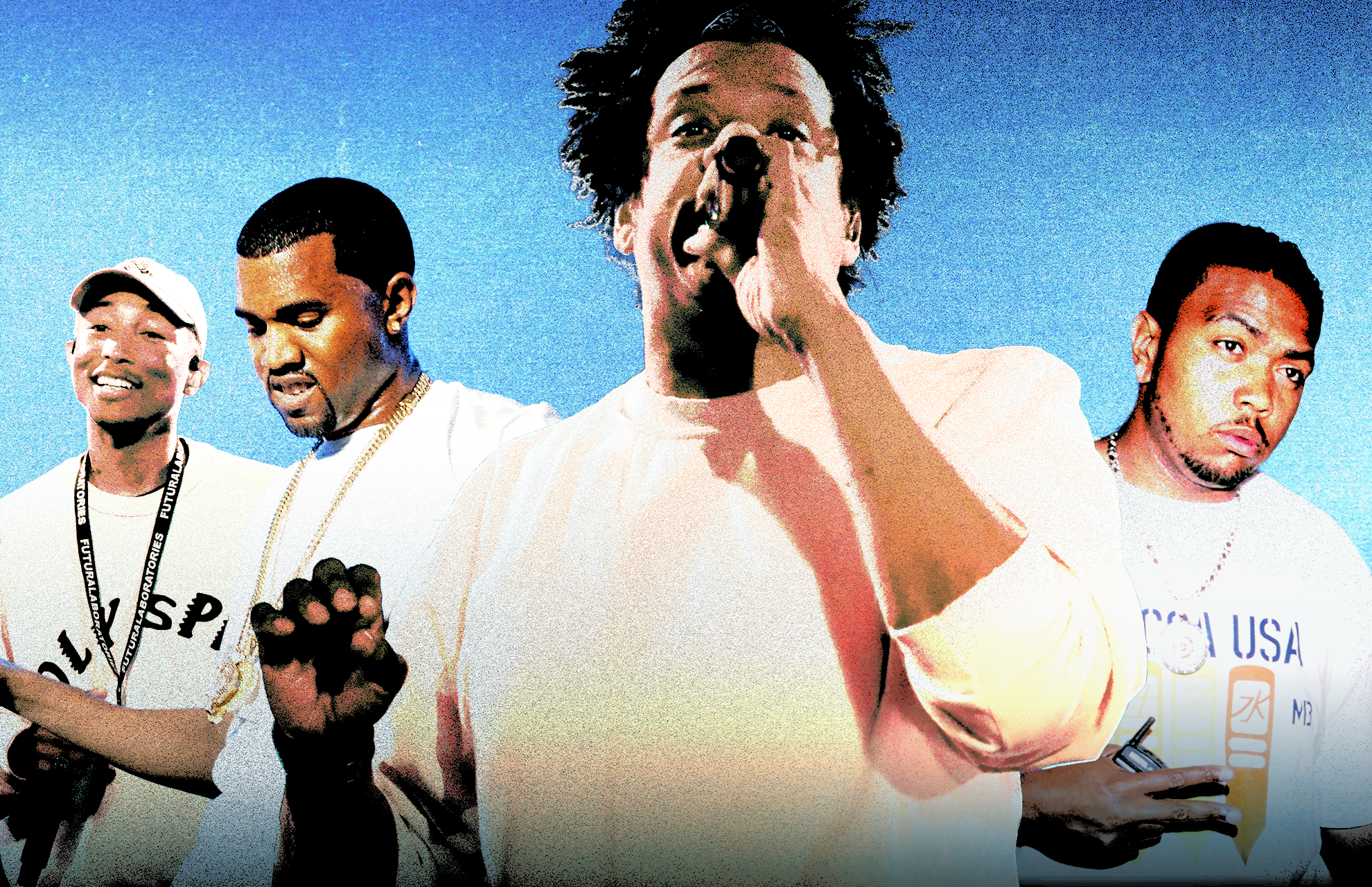 Four men are in the image: Pharrell Williams, Kanye West, Jay-Z, and Timbaland. Jay-Z is holding a microphone. These are the producers who work the best with Jay-Z