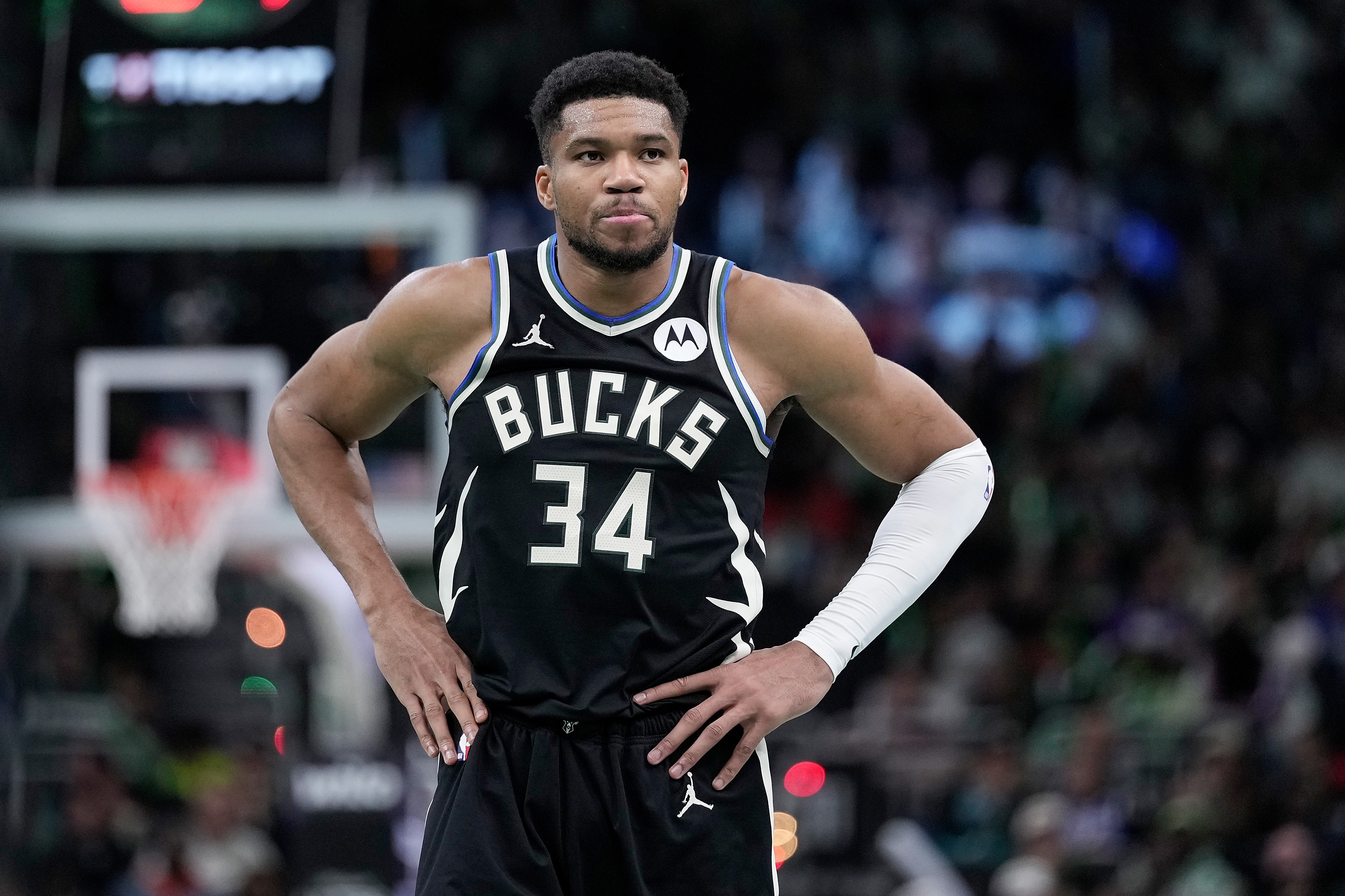 Giannis Antetokounmpo looks on during a Bucks-Hornets game from 2025. 