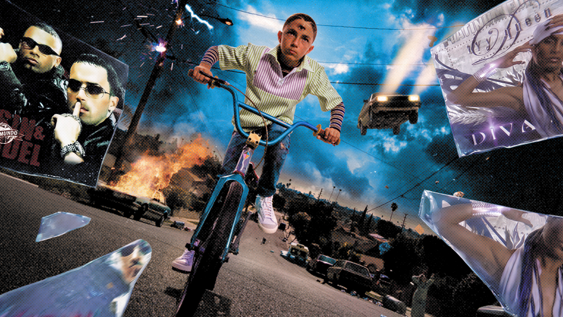 A boy rides a bike on a street with dramatic explosions, flying cars, and reggaeton-themed posters, creating a dynamic, surreal scene. This is the cover of Bad Bunny's YHLQMDLG album, which is one of the best reggaeton albums of all time.