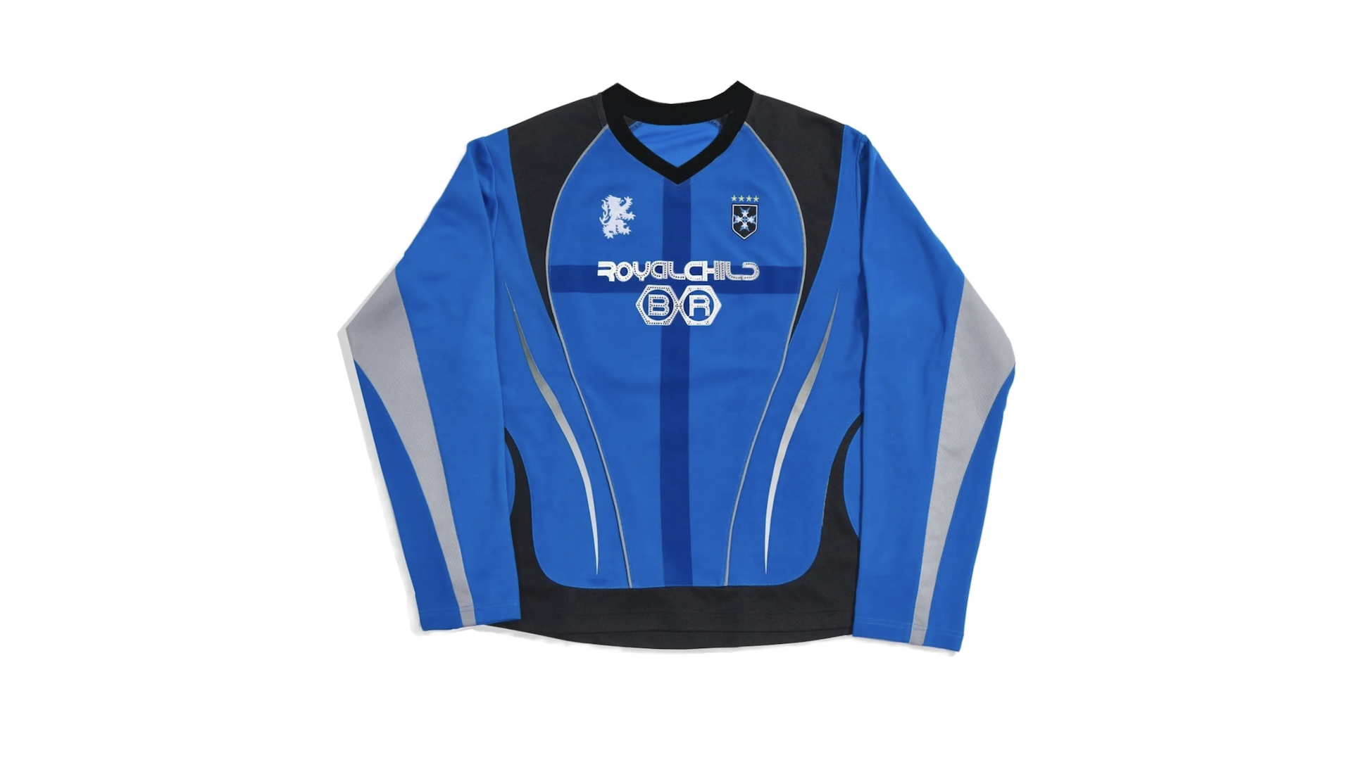 A blue and black long-sleeve sports jersey with white and gray accents, featuring logos and text on the front.