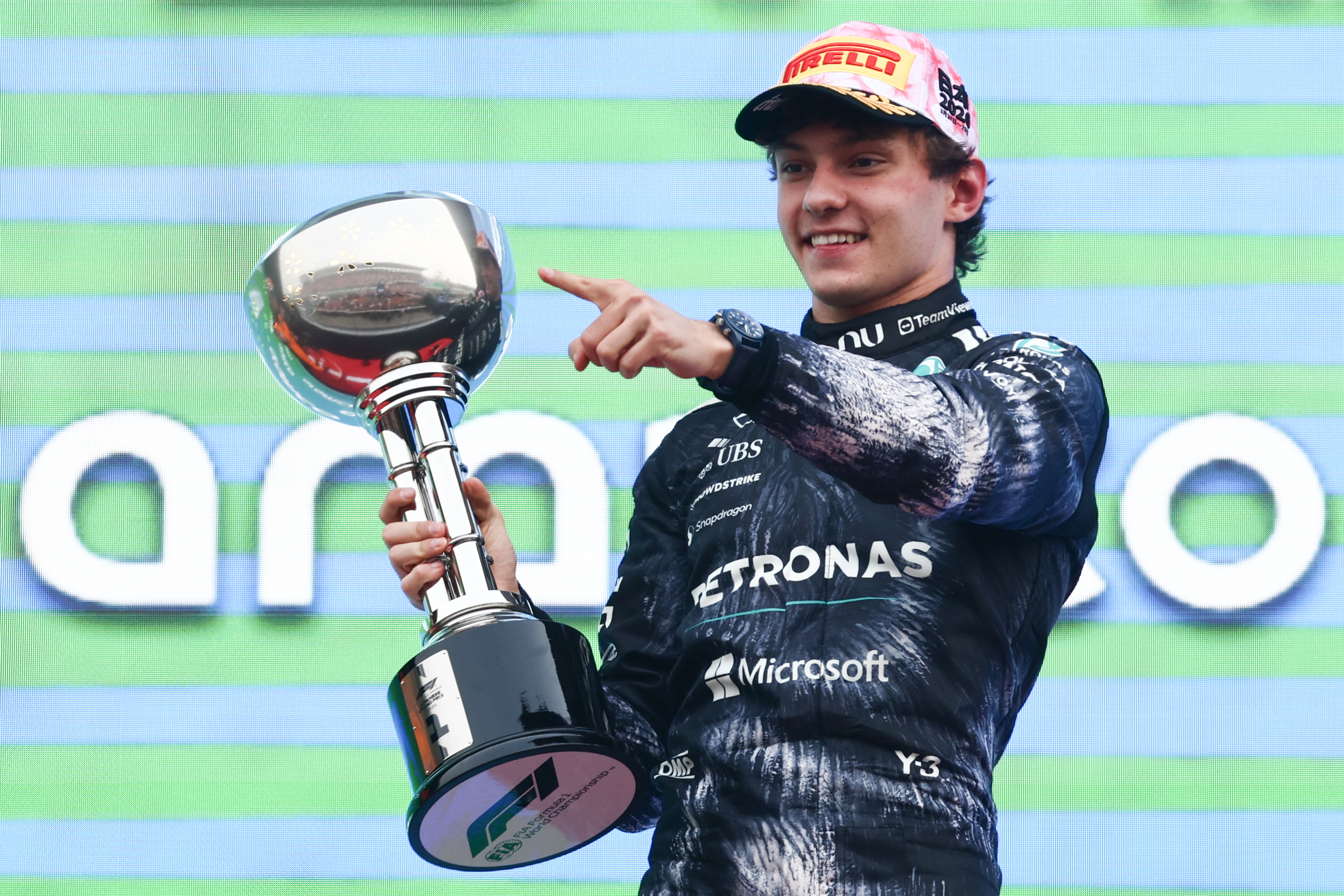 Kimi Antonelli on the podium after winning the Japanese Grand Prix in March 2026. 