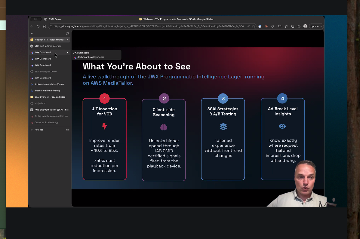 A webinar slide on JIWX Programmatic Intelligence Layer with a presenter in the corner. Topics include JIT insertion and SSAI strategies.