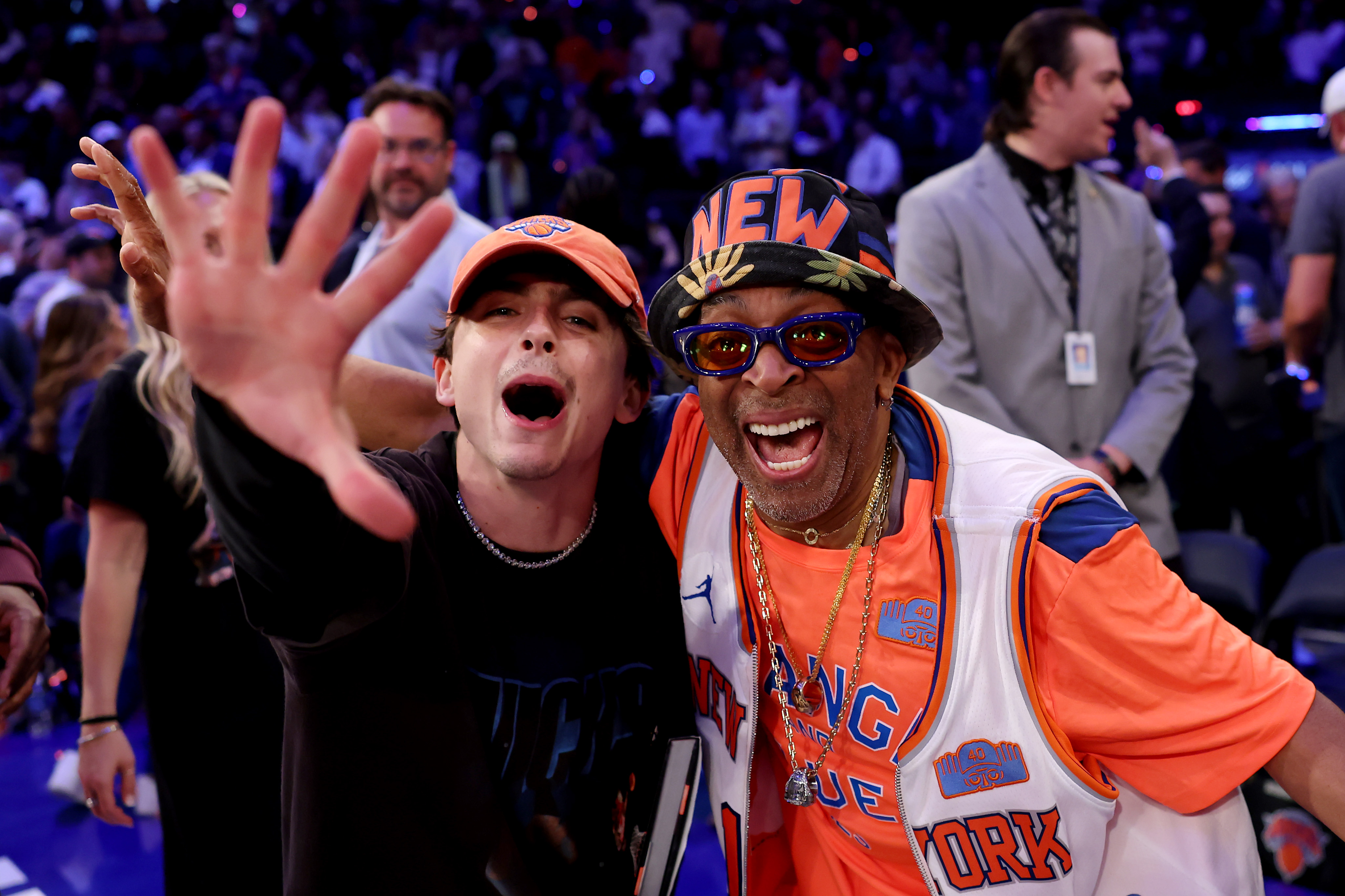 Timothee Chalamet and Spike Lee celebrate the Knicks win over the Boston Celtics in Game 4 of the 2025 Eastern Conference Semifinals. 