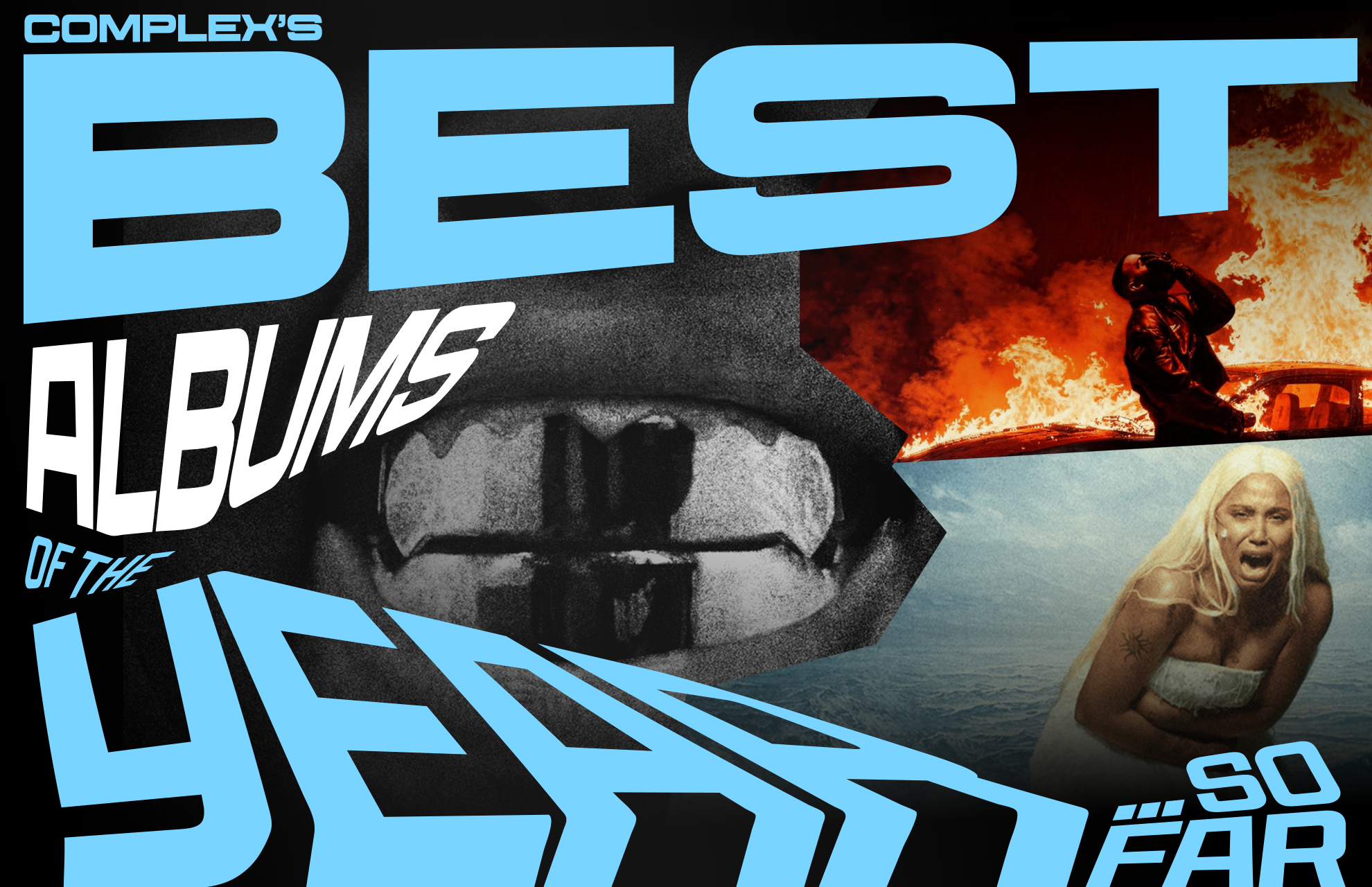 Collage of album art with bold text: "Complex's Best Albums of the Year So Far." Includes fiery scene and a woman in white.