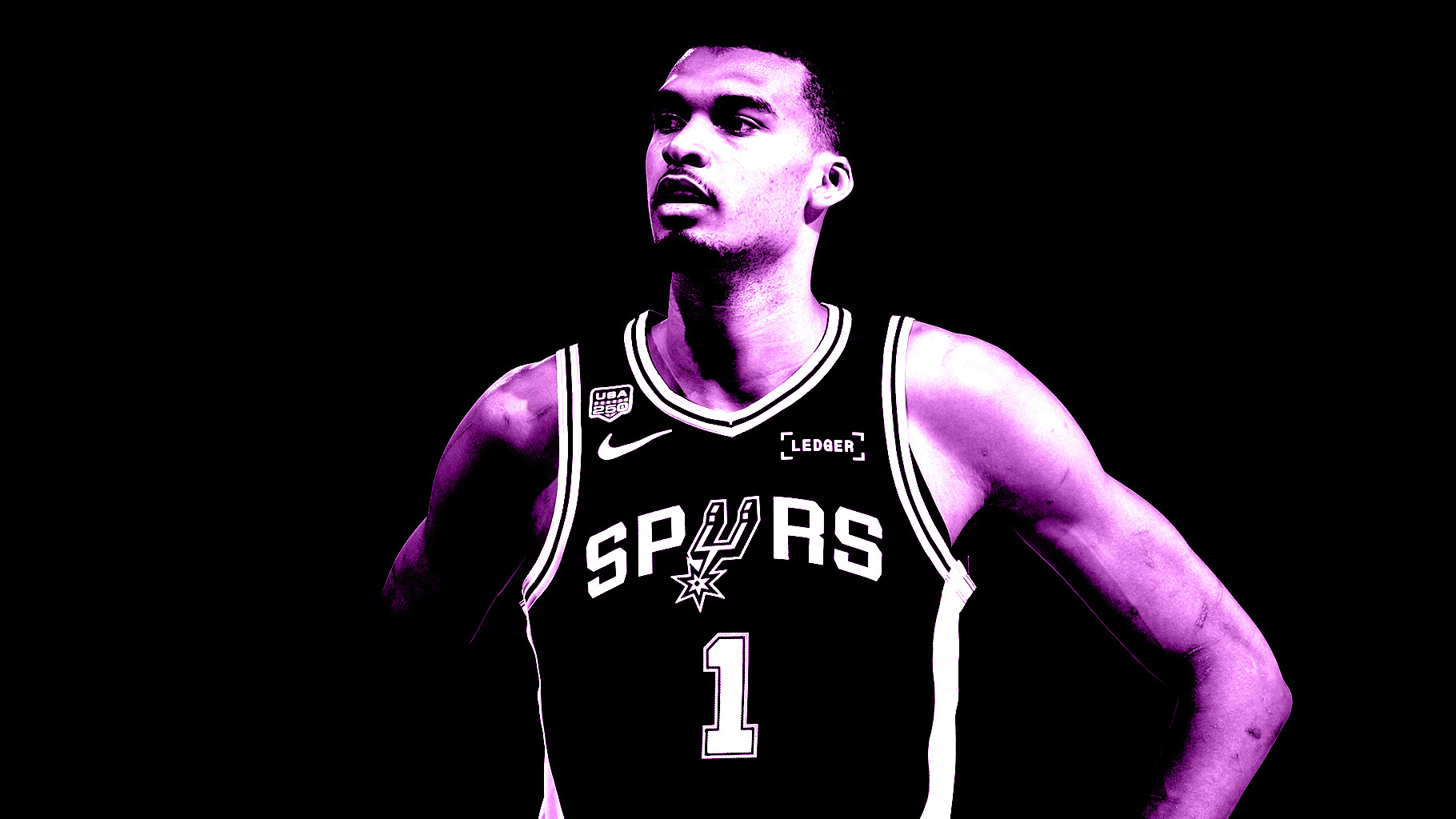Victor Wembanyama #1 of the San Antonio Spurs looks on during the game against the New York Knicks during Game Three of the 2026 NBA Finals on June 8, 2026 at Madison in New York, New York.