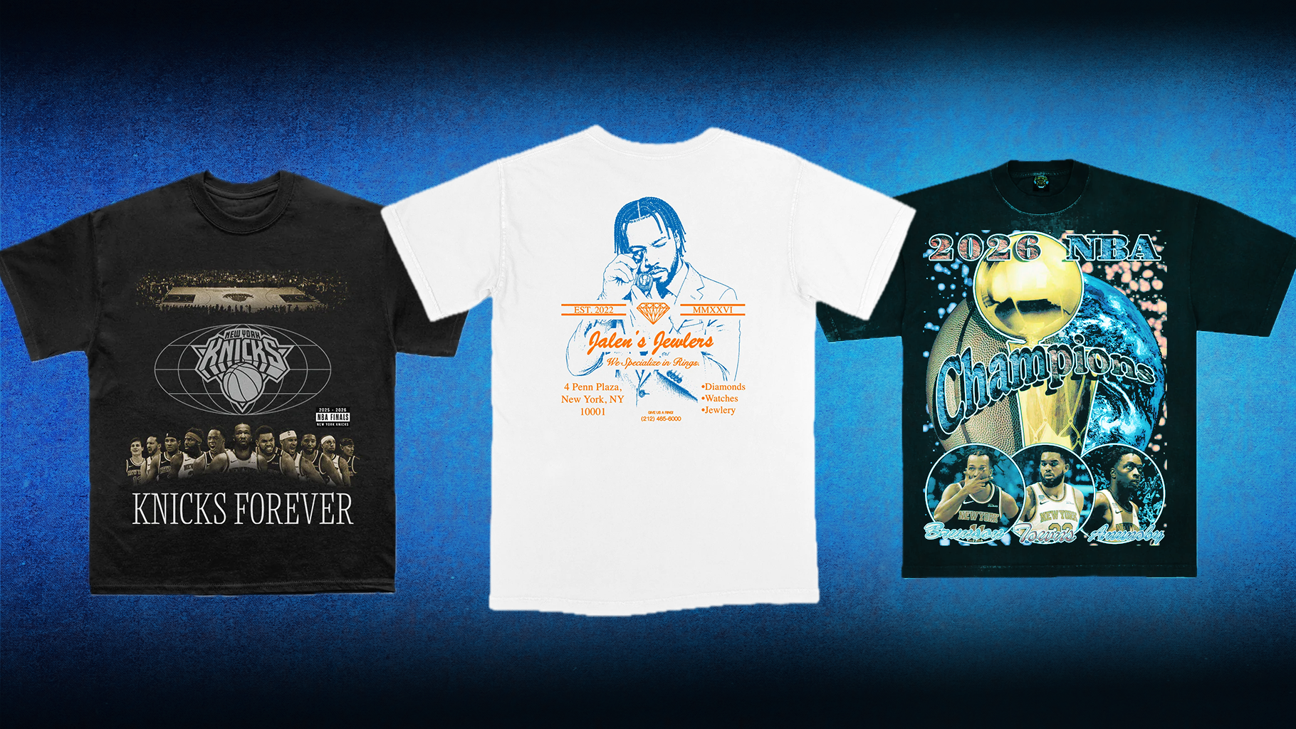 Some of the best Knicks 2026 NBA championship merch includes T-shirts from Cozy, Nolita Dirtbag, and A.M. Vintage.