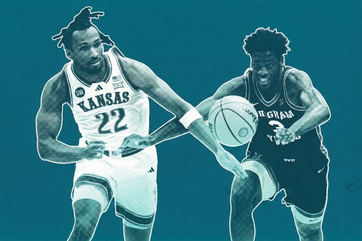Darryn Peterson and AJ Dybantsa chase after a loose ball during a BYU-Kansas game in February 2026.