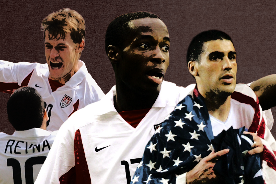 DeMarcus Beasley, Brian McBride, and Claudio Reyna celebrate during the 2002 World Cup. 