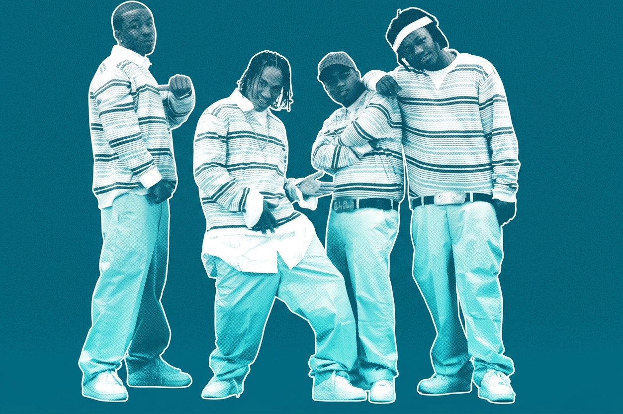 Pretty Ricky wearing matching striped shirts and lime green pants pose confidently in a studio setting.