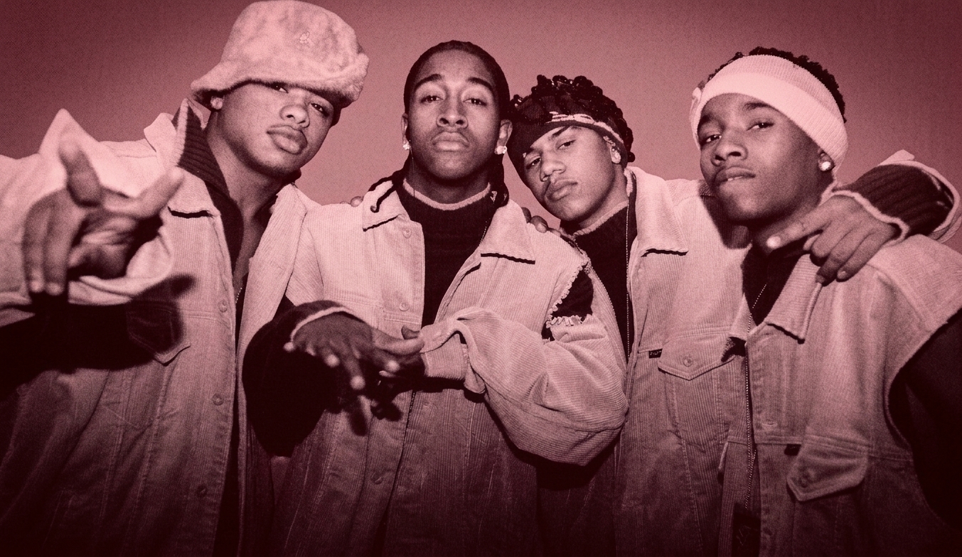 Four young men in coordinated outfits, wearing beige vests and red tops, pose together. They have various headwear and accessories.