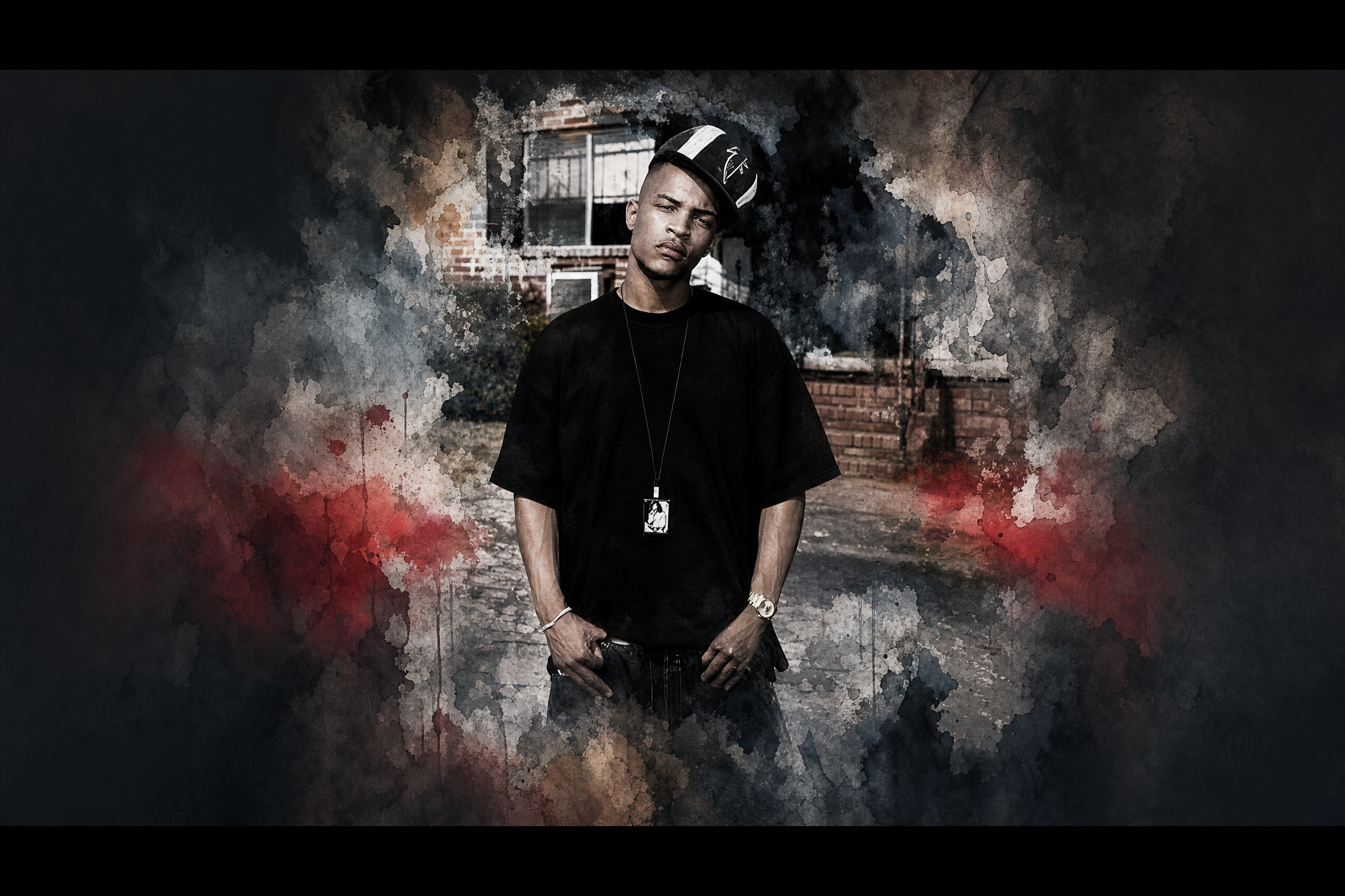 A man in a black t-shirt and cap stands in front of a house, surrounded by a smoky, artistic background.
