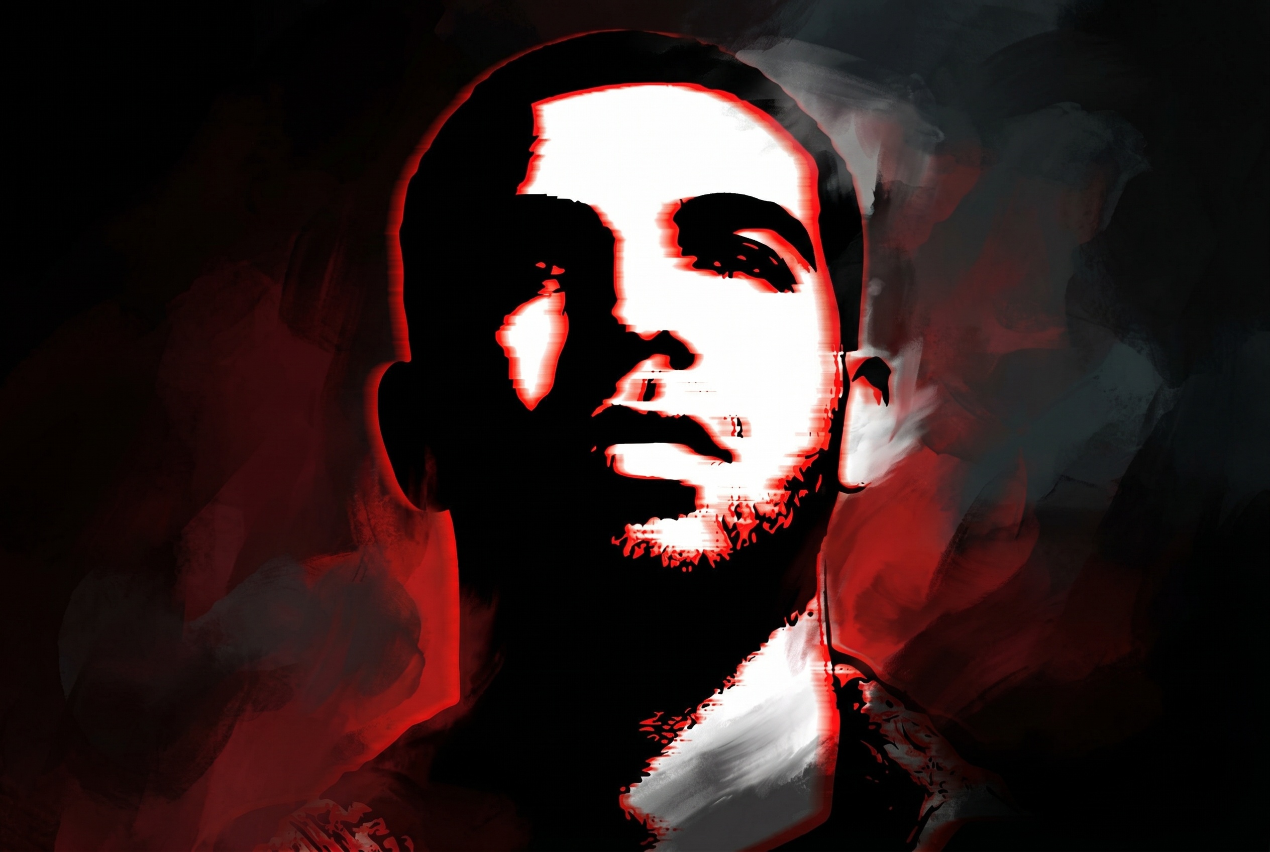 Abstract artwork of a man with a red and black color scheme, featuring dramatic lighting and shadows.